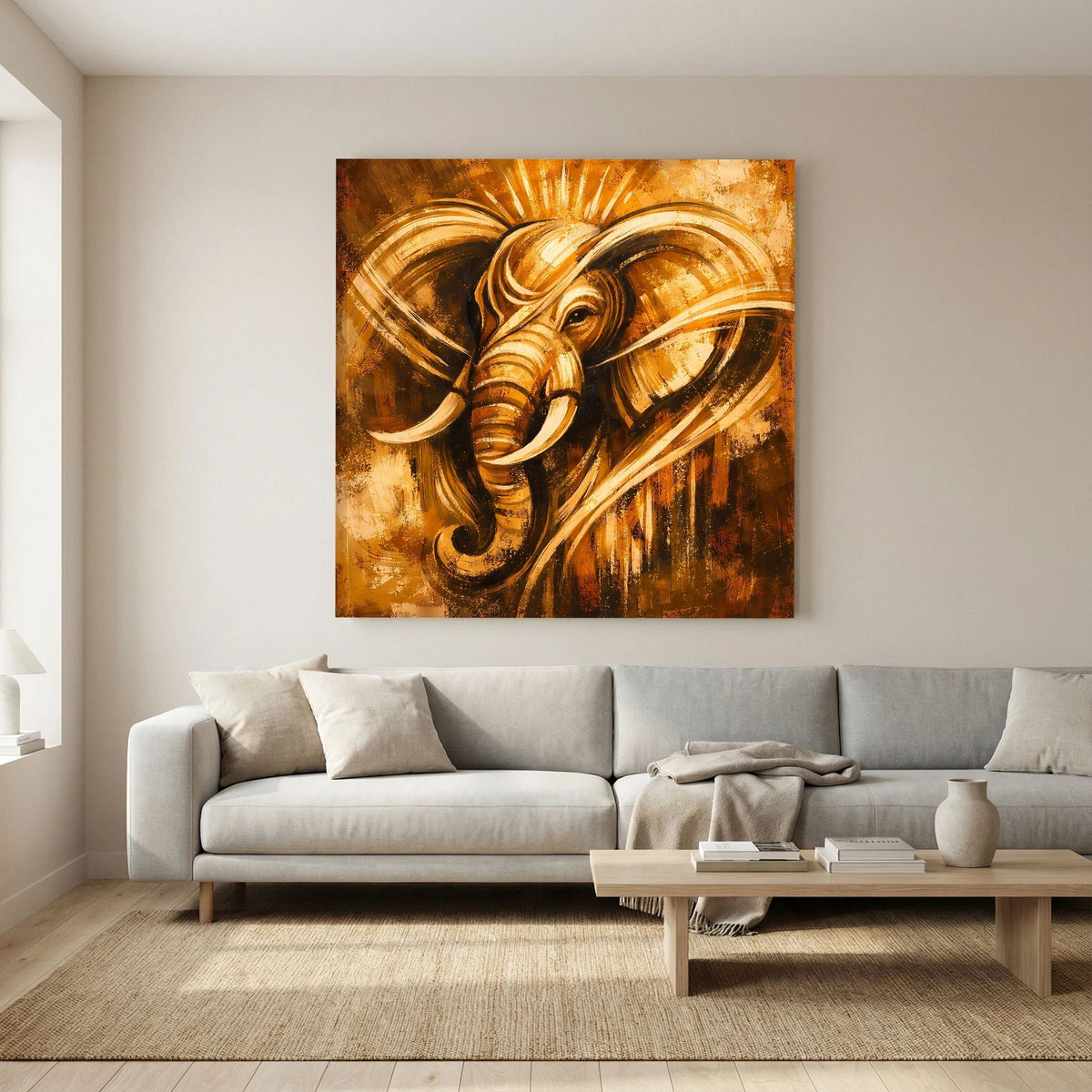 Abstraktes Leinwand-Wandbild mit Elefantengesicht im Ganesha-Stil, goldene Wirbel und Strahlen