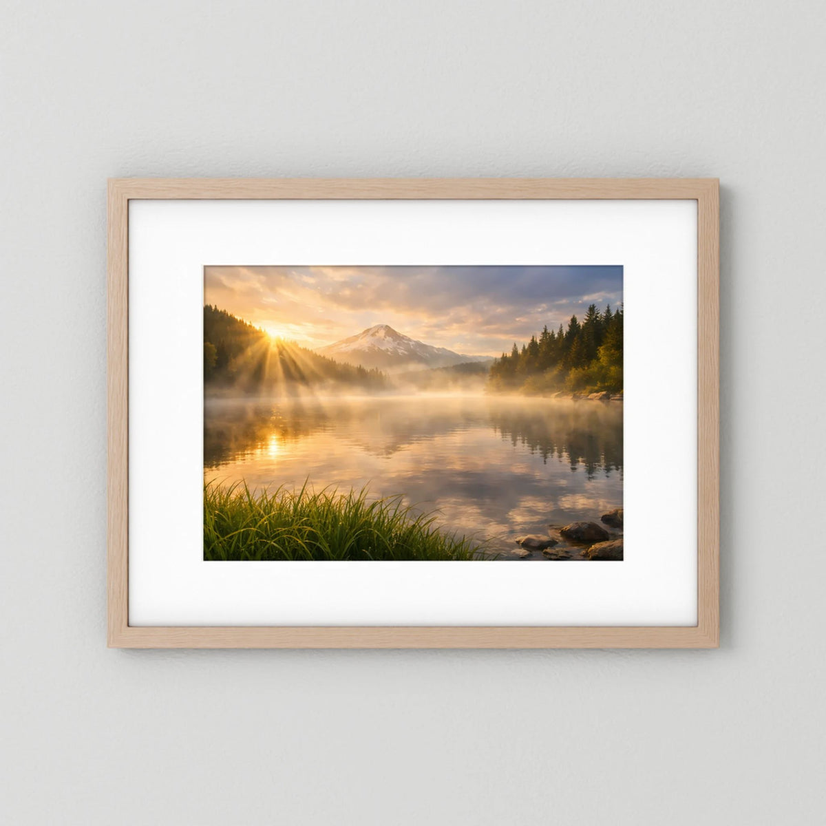 Querformat-Wandbild im hellen Holzrahmen mit Berg- und Seelandschaft bei Sonnenaufgang.