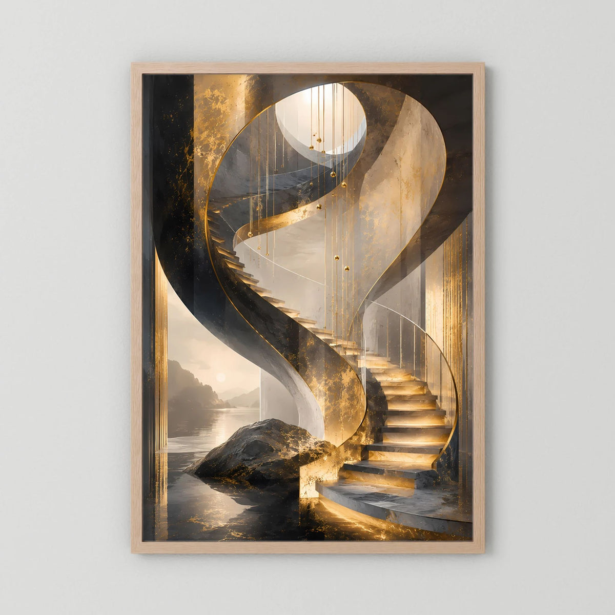 Poster im Hochformat mit hellem Holzrahmen, abstrakte goldene Spiraltreppe