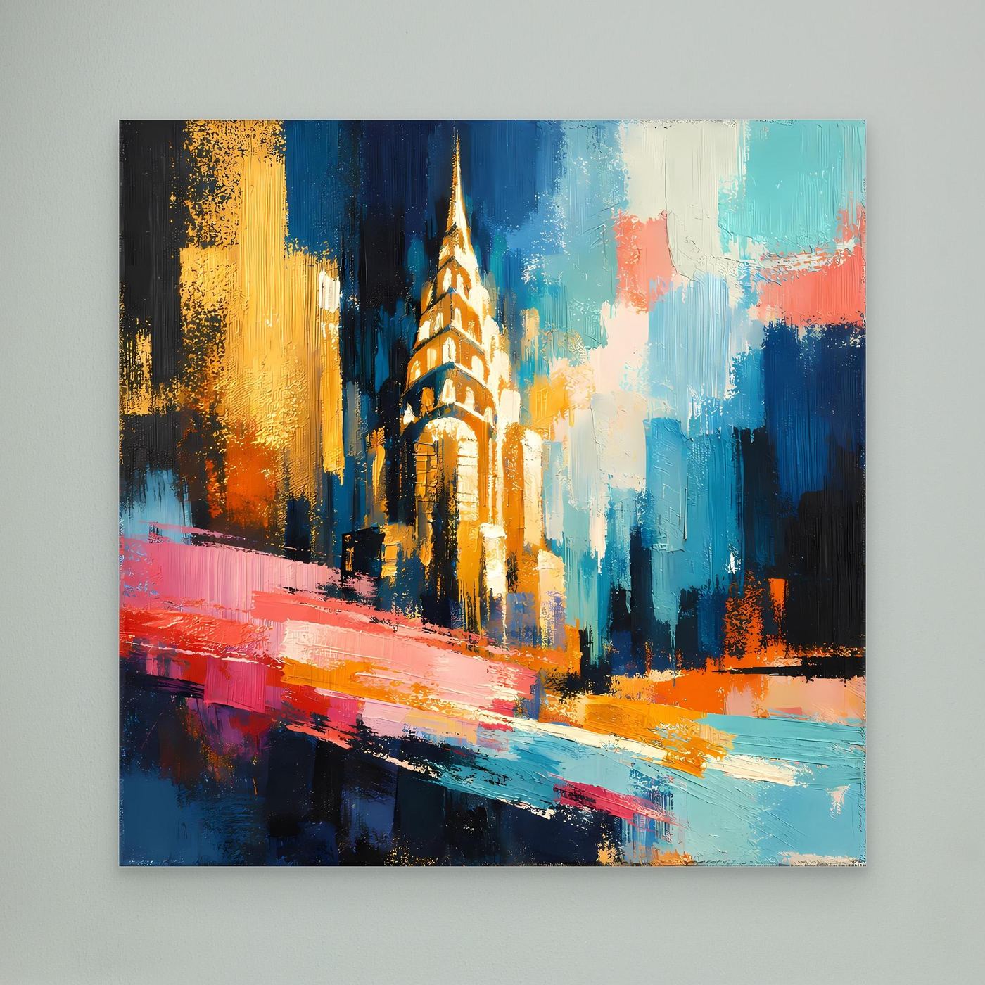 Leinwand-Wandbild mit abstrakter Architektur: gold beleuchteter Turm, kräftige Pinselstriche