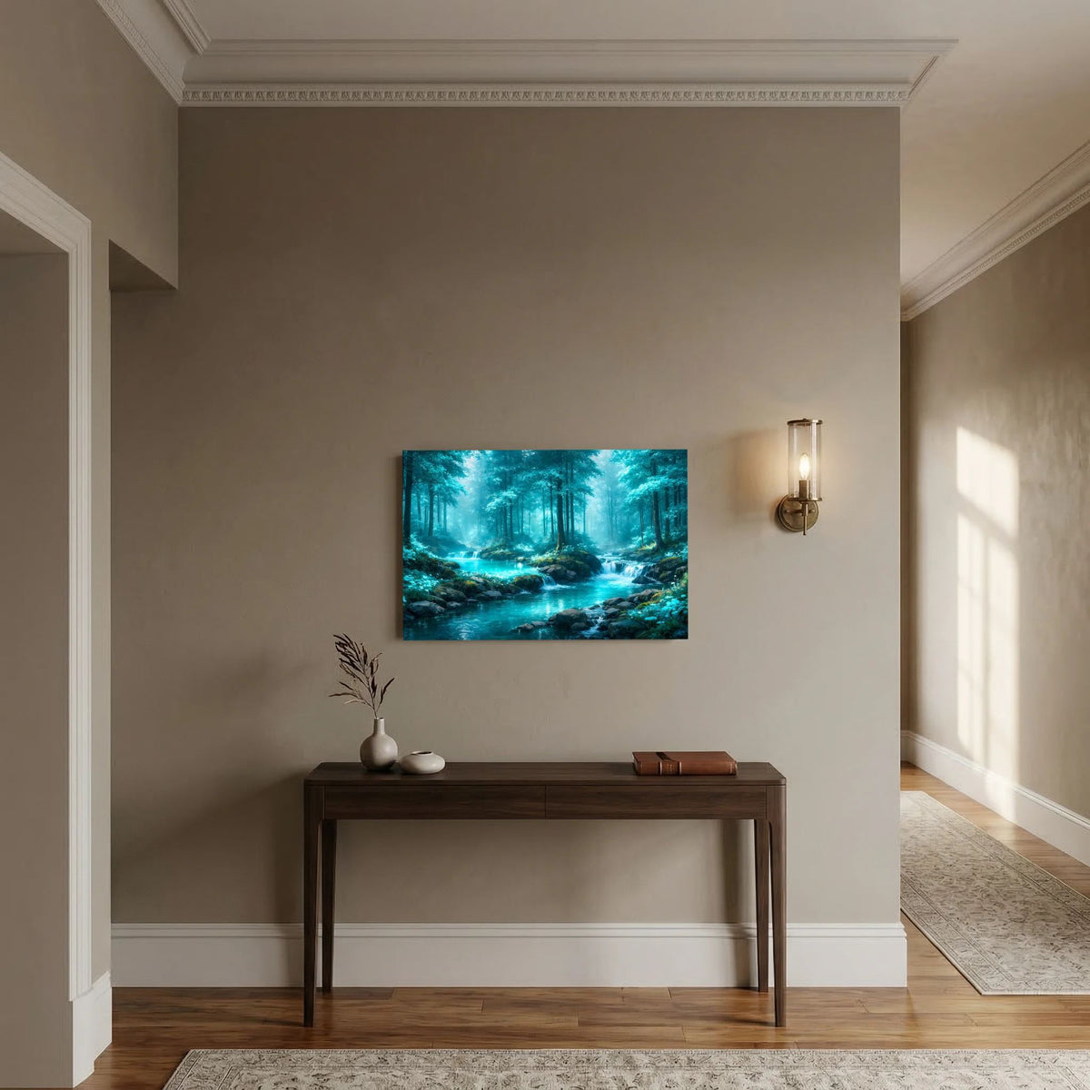 Querformatiges Poster mit türkisfarbenem Waldfluss im grünen Wald