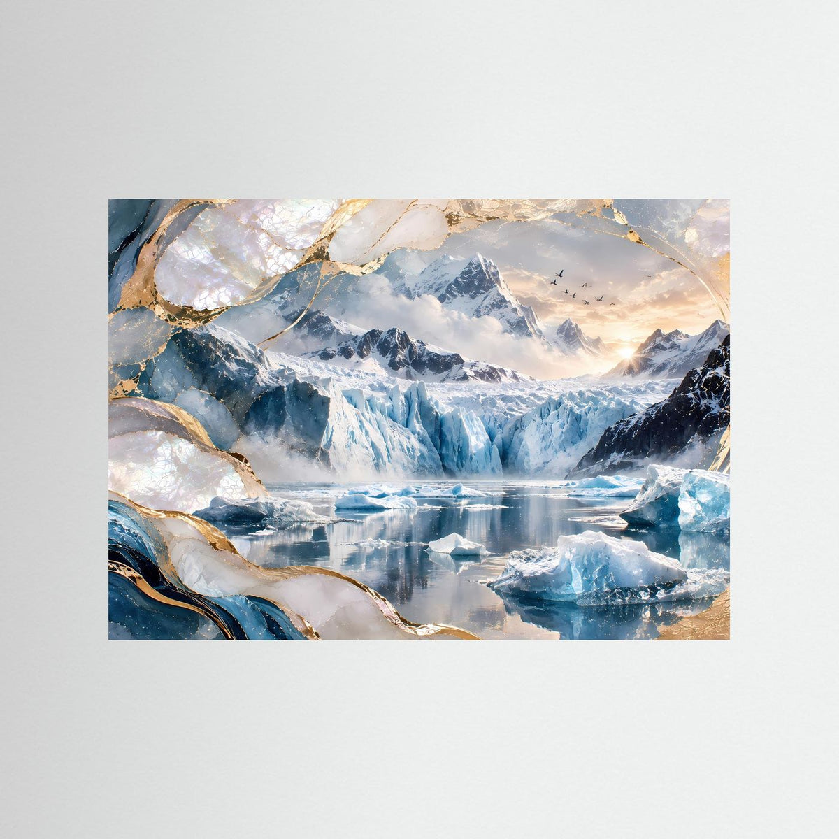 Poster im Querformat mit Gletscherlandschaft, Eissee und goldenen Schmucklinien