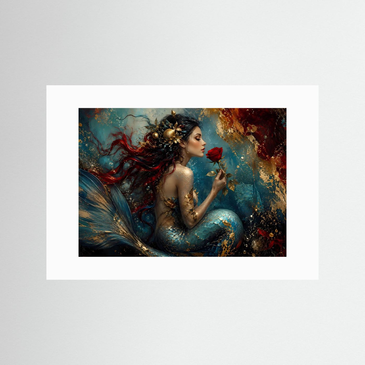 Mystische Meerjungfrau mit roter Rose in Gold & Petrol | Modernes Wandbild mit Fantasy-Art