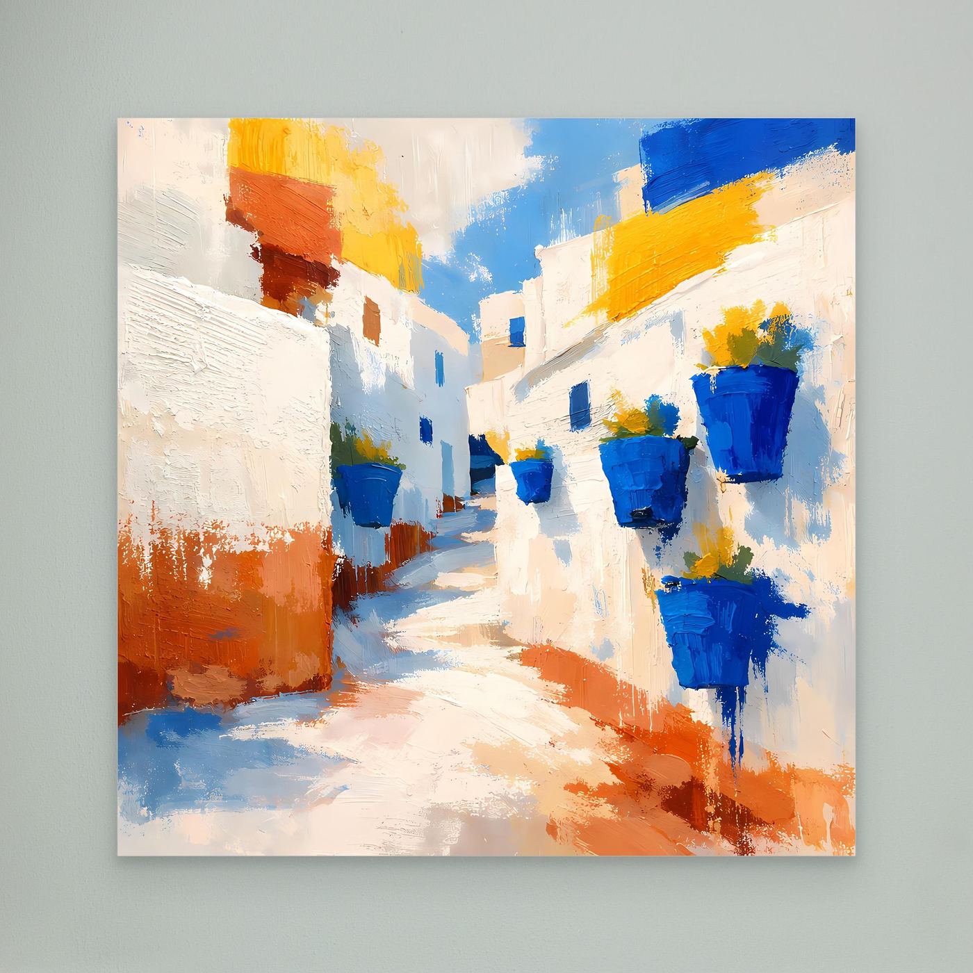 Leinwand Griechische Gasse mit blauen Blumentöpfen | Abstraktes Santorin Wandbild