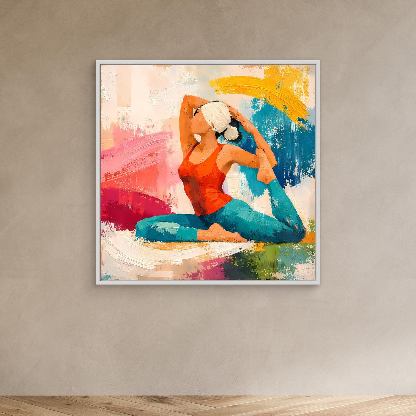 Leinwand-Wandbild mit abstrakter Yoga-Figur, kniende Frau mit erhobener Hand, hellgrauer Rahmen