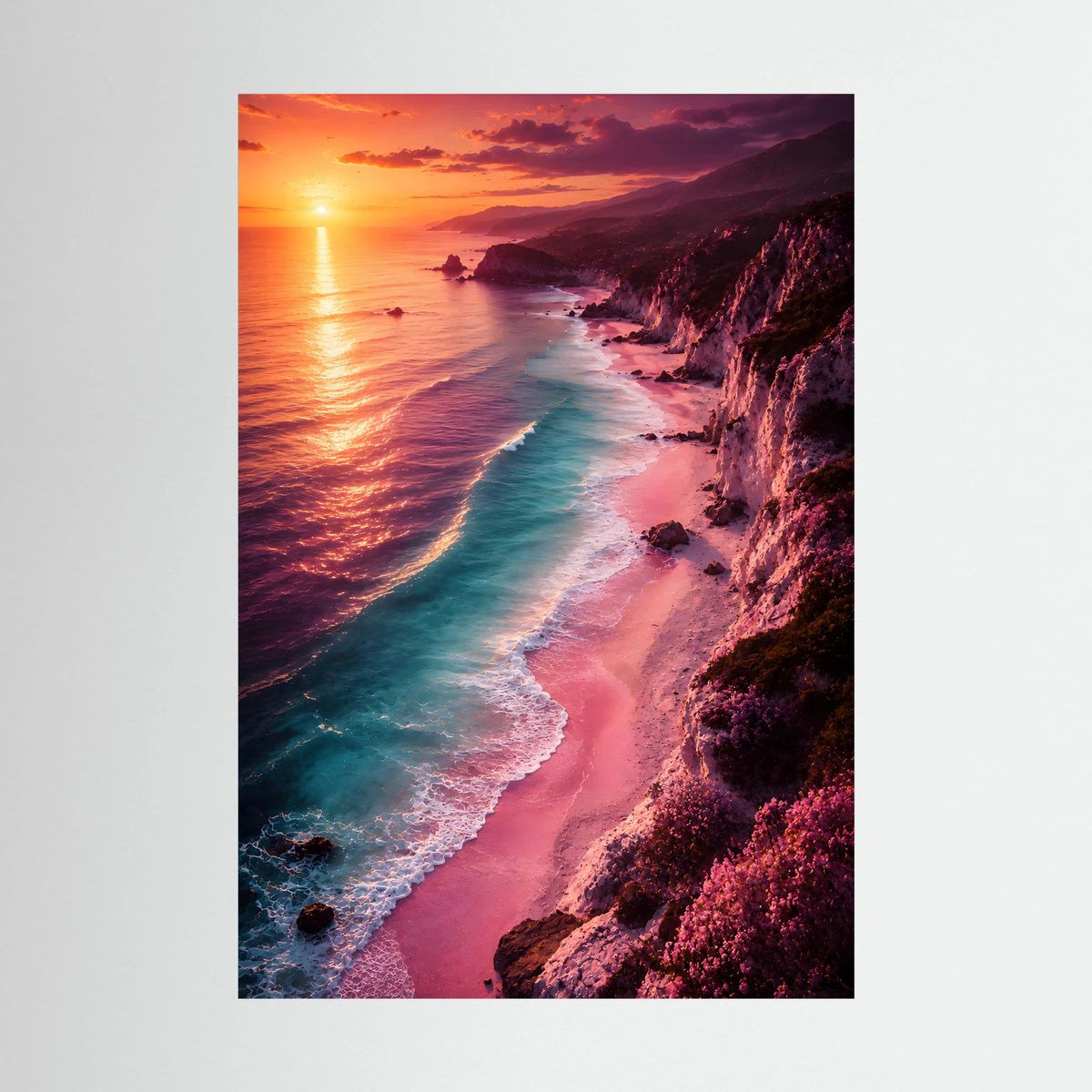 Hochformat-Poster mit Küste, türkisfarbenem Meer, rosafarbenem Strand und Sonnenuntergang.