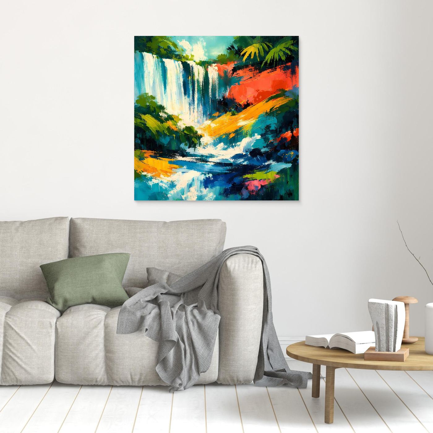 Kleines quadratisches Leinwand-Wandbild mit abstraktem Wasserfall, Tropenfarben, goldener Rahmen