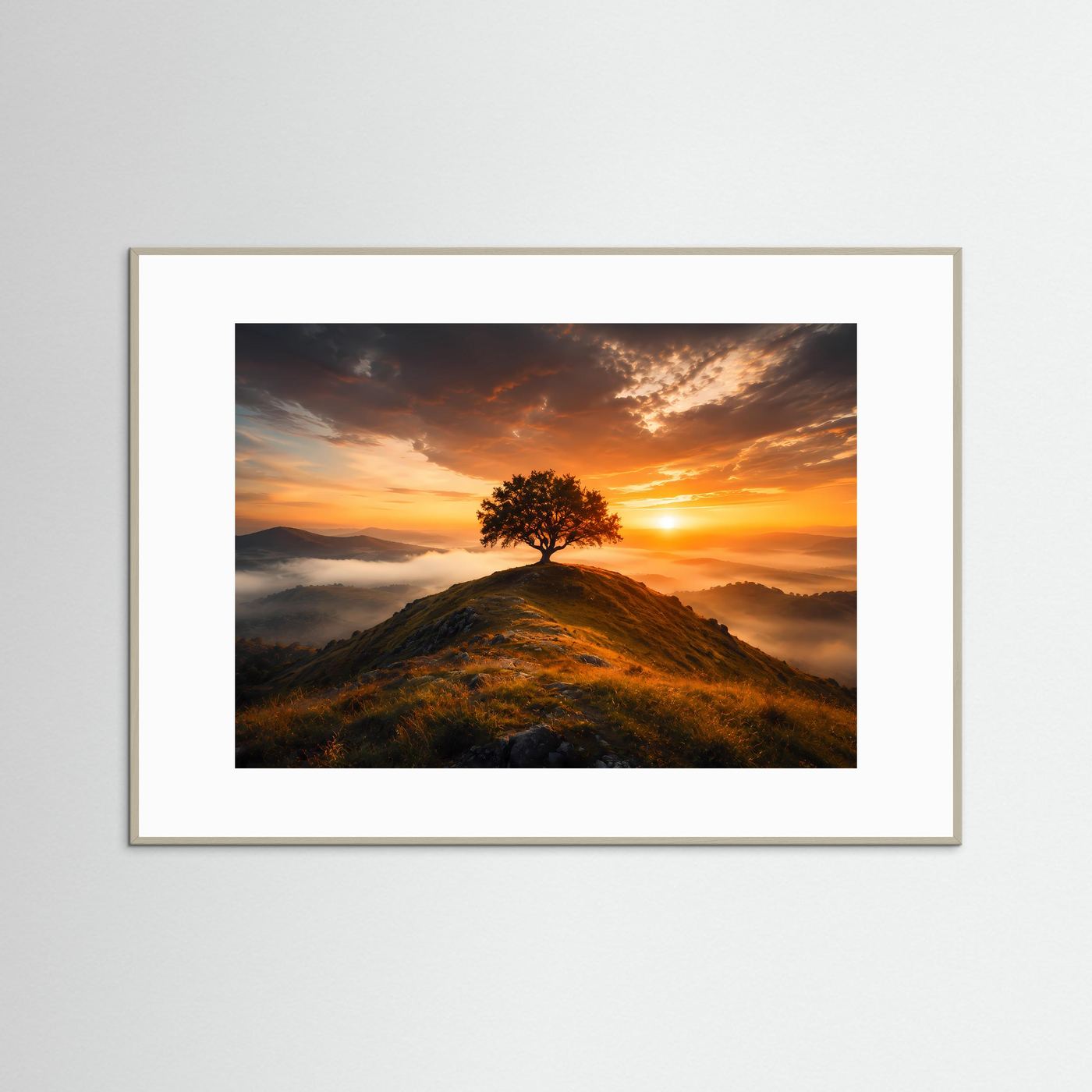 Poster mit einsamem Baum bei Sonnenaufgang im grauen Rahmen, weißer Rand