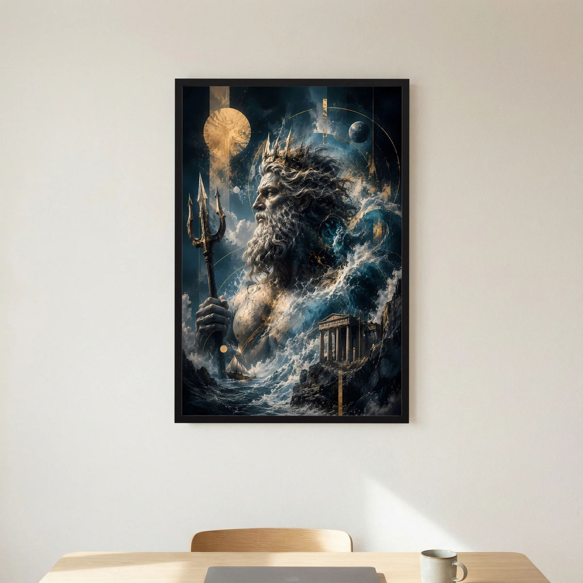 Hochformat-Poster mit Dreizack tragendem Meeresgott, blauem Wasser und schwarzem Rahmen
