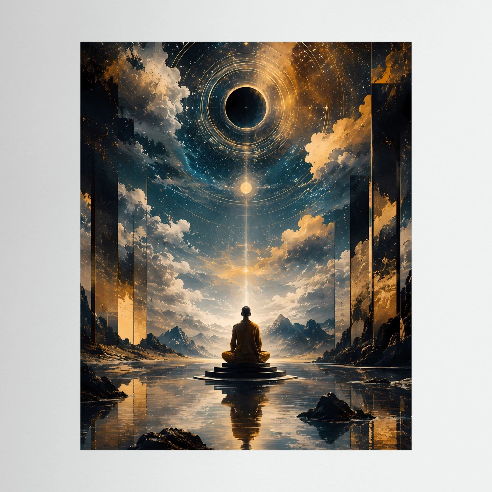 Hochformatposter: Mönch vor kosmischem Portal mit goldenen Kreisen und spiegelnder Wasserfläche.