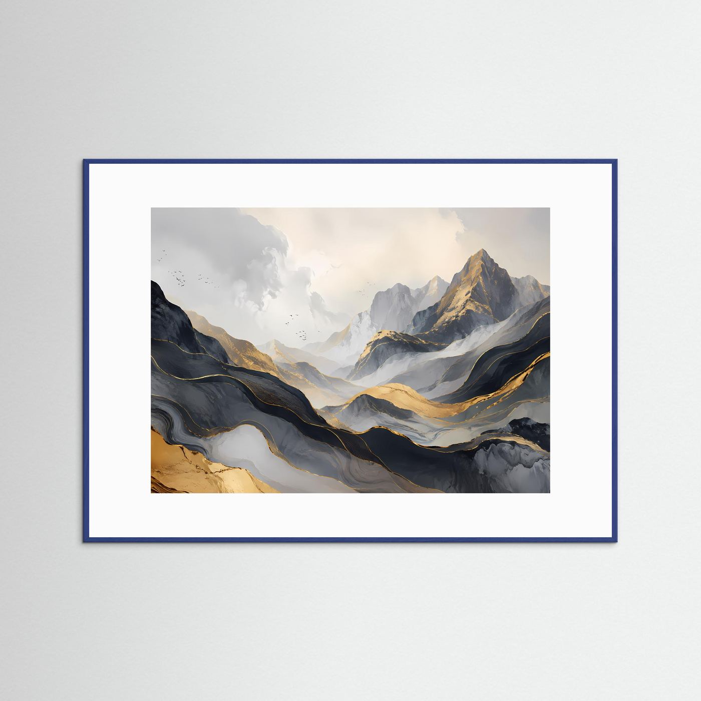 Panoramisches Berglandschafts-Poster mit goldenen Akzenten, blauer Rahmen