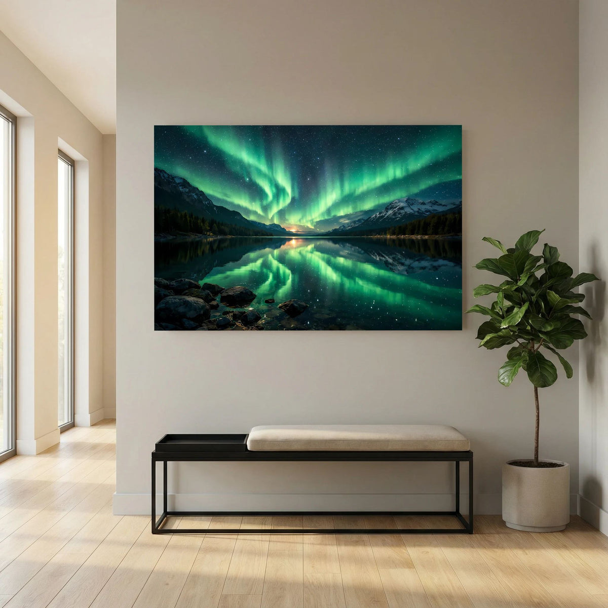 Wandposter im Querformat mit Polarlichtern in Grün über Bergsee, Landschaft bei Nacht