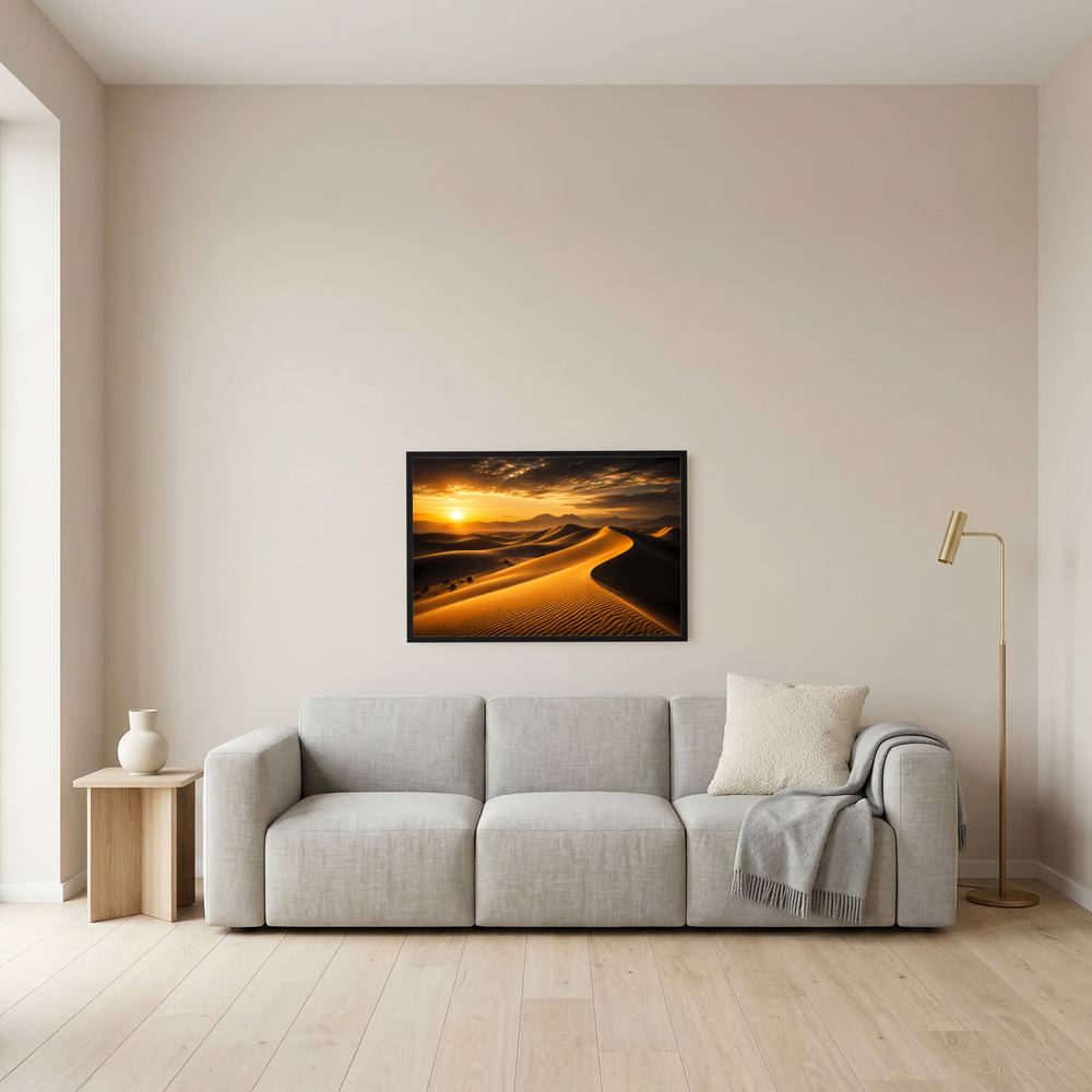 Wüstenlandschaft-Poster im Sonnenuntergang, schwarz gerahmt, klein über Sofa