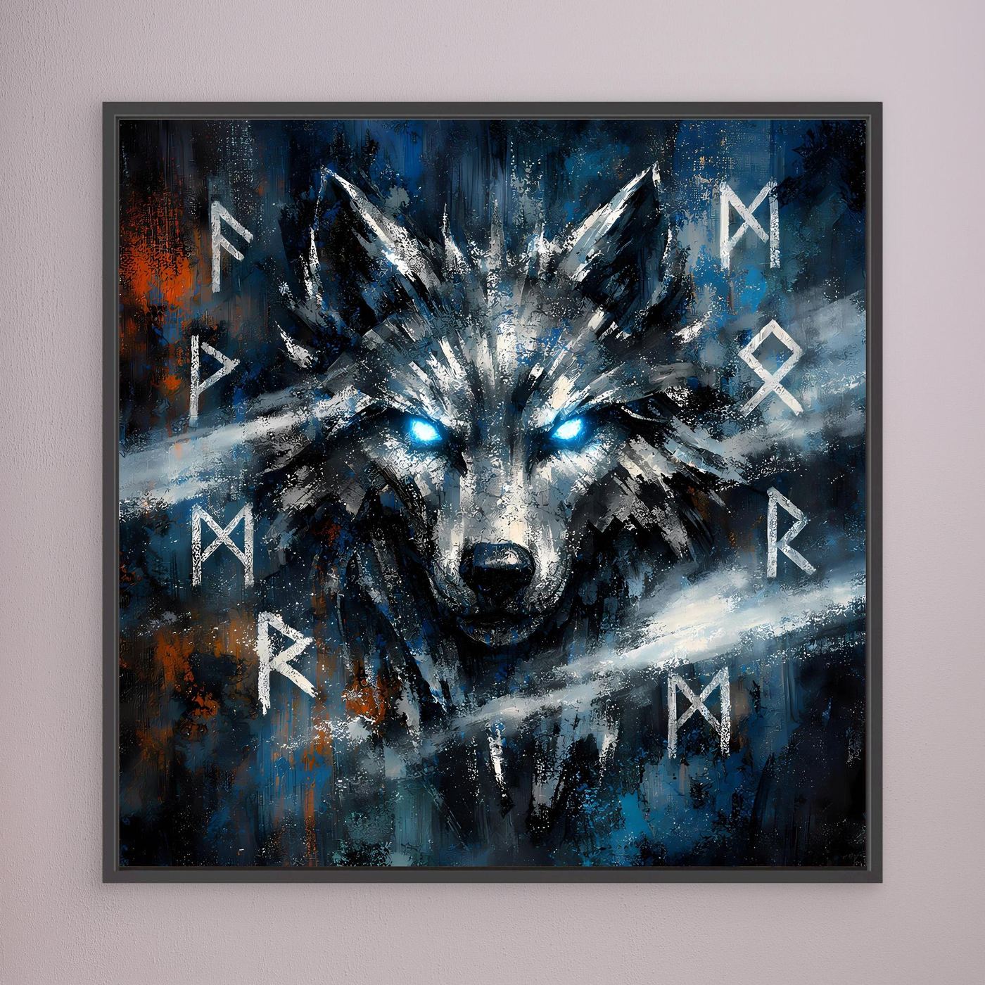 Gerahmtes Leinwandbild mit Wolfkopf in Blau-Schwarz und Runen, dunkler Rahmen