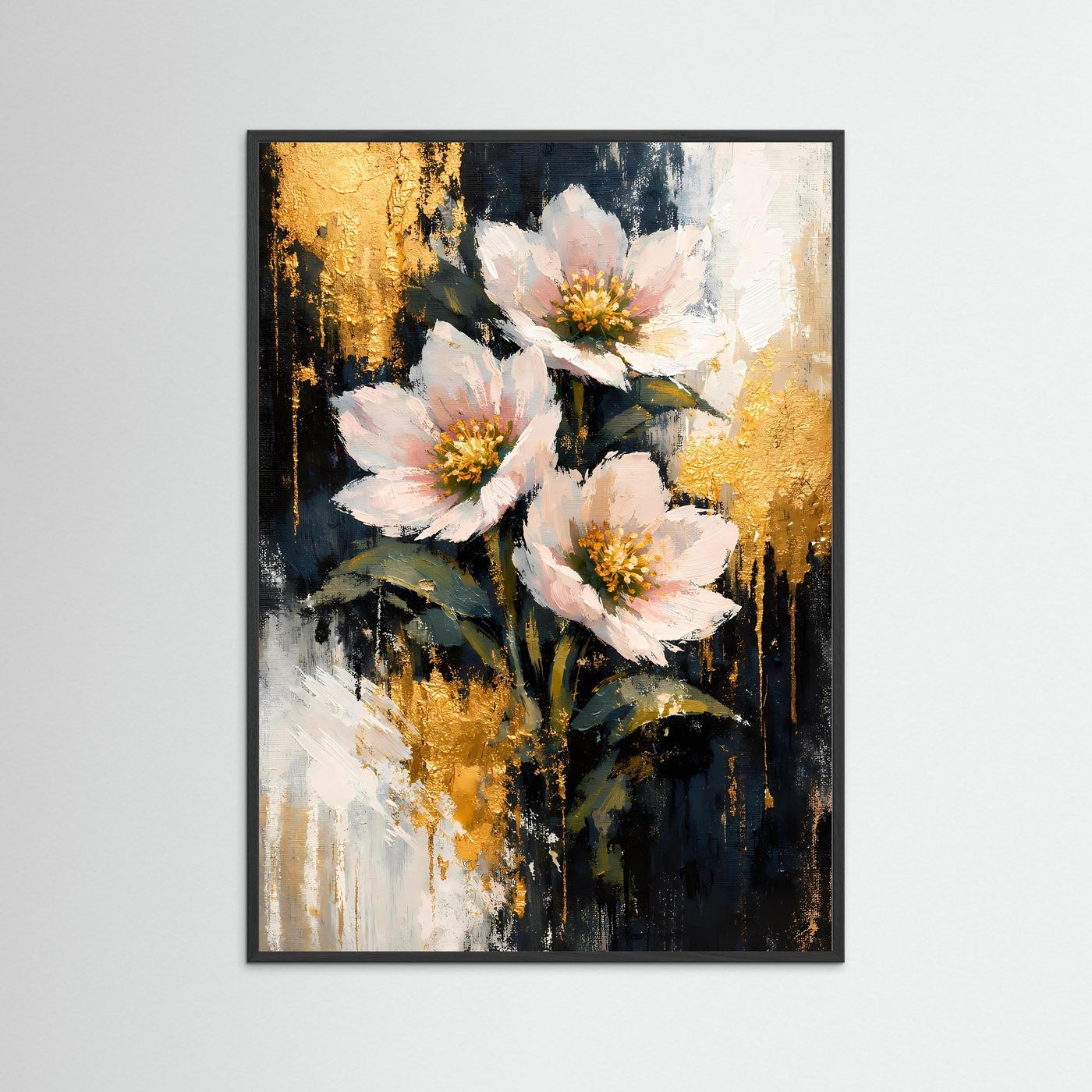 Abstraktes Blumenposter im Hochformat mit rosa Blüten, schwarzem Holzrahmen