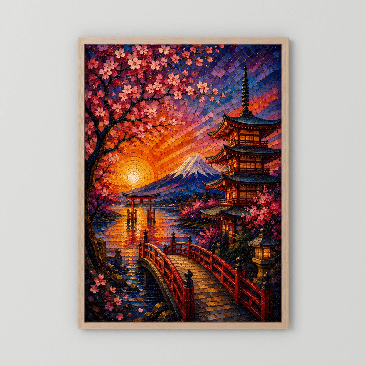 Hochformat-Poster im Mosaikstil mit Kirschblüten, Pagode und Fuji im Sonnenuntergang, Holzrahmen