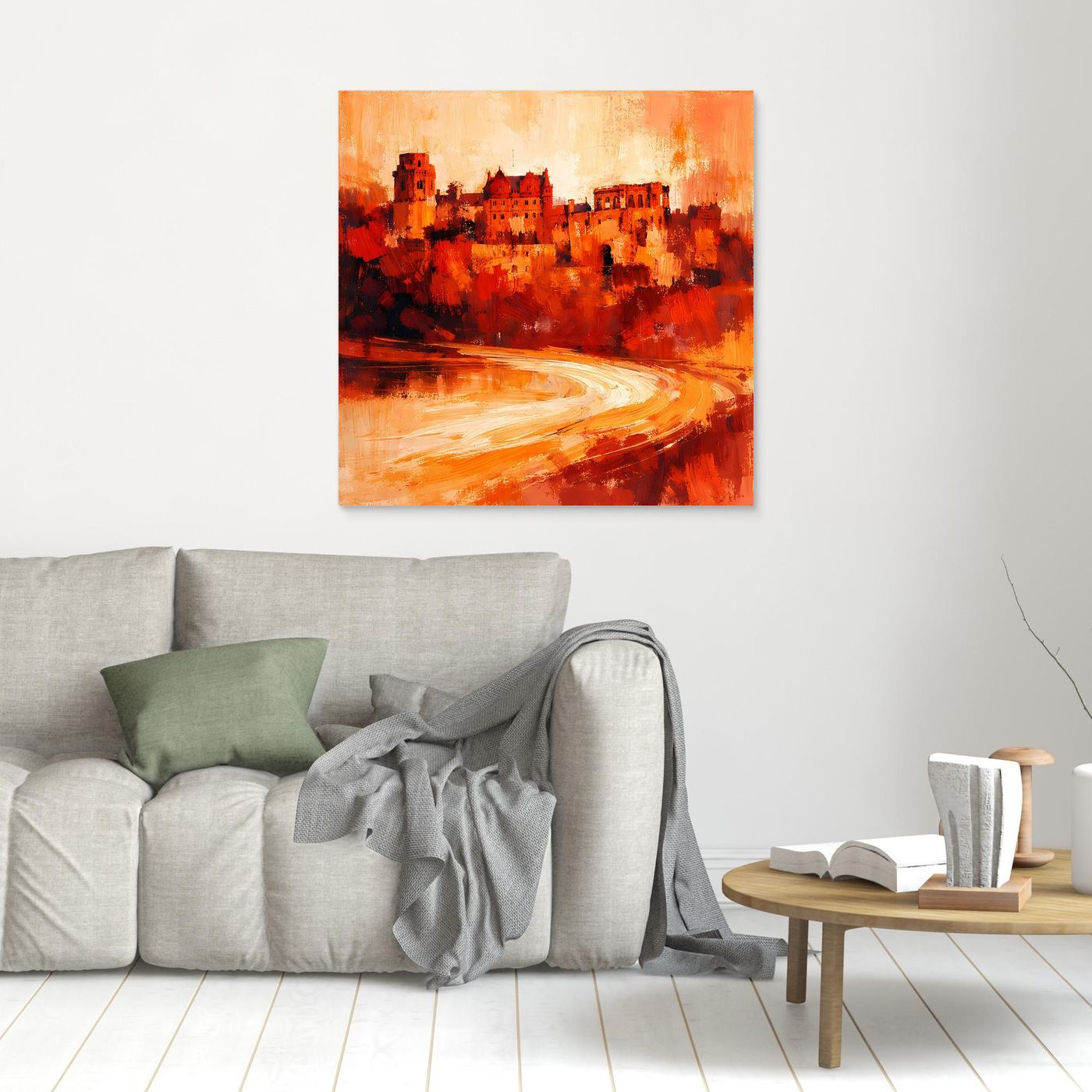 Leinwand Heidelberger Schloss im Abendlicht | Abstraktes Rot‑Ocker Wandbild mit Struktur und Tiefe