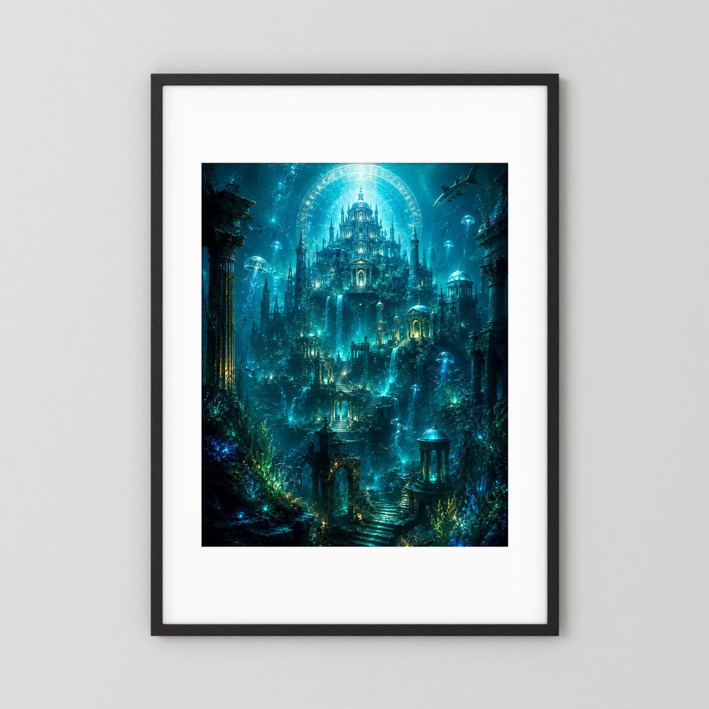 Poster mit schwarzem Rahmen und weißem Passepartout: Unterwasserstadt mit Tempel