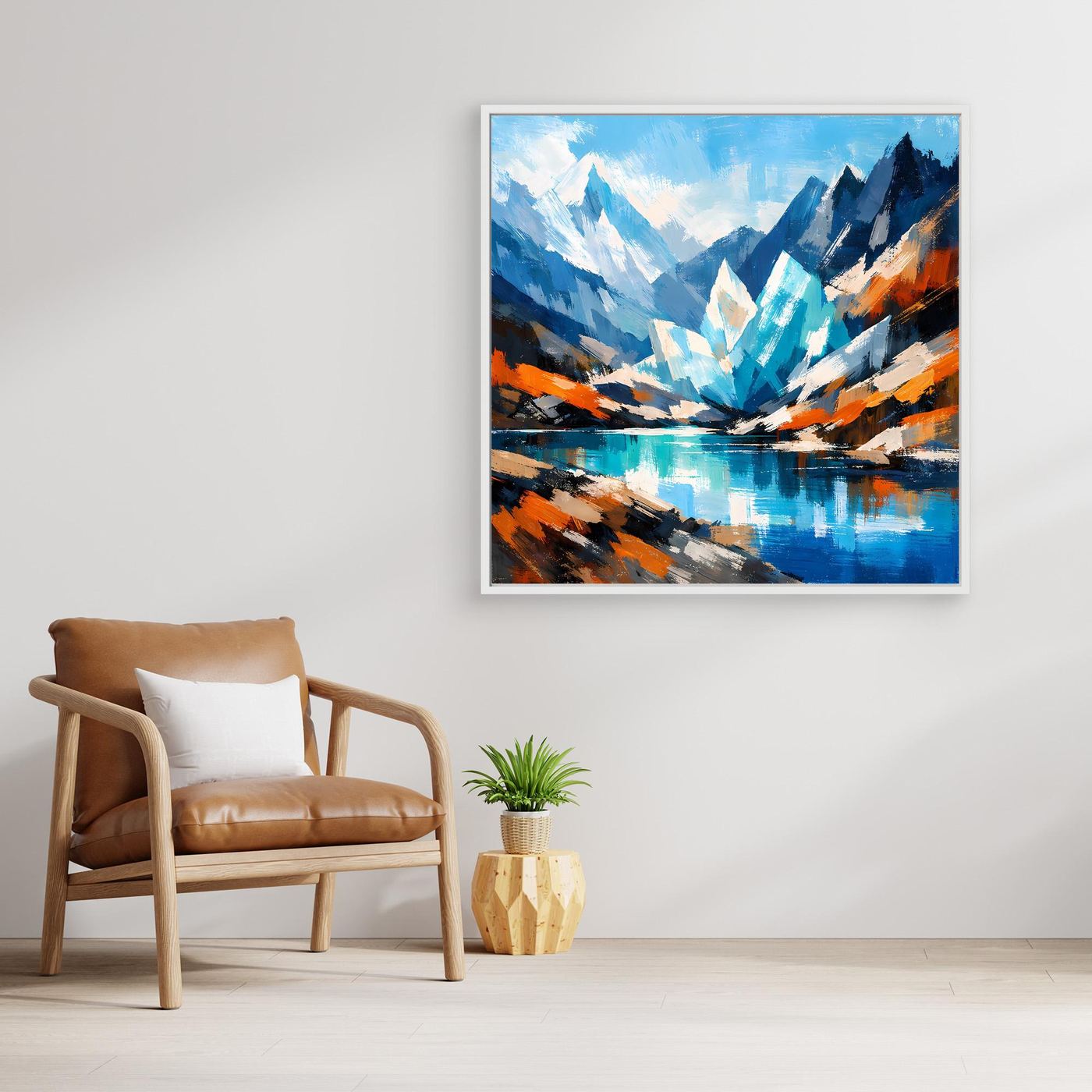 Leinwand-Wandbild mit abstrakten Bergen und reflektierendem See in Blau und Orange