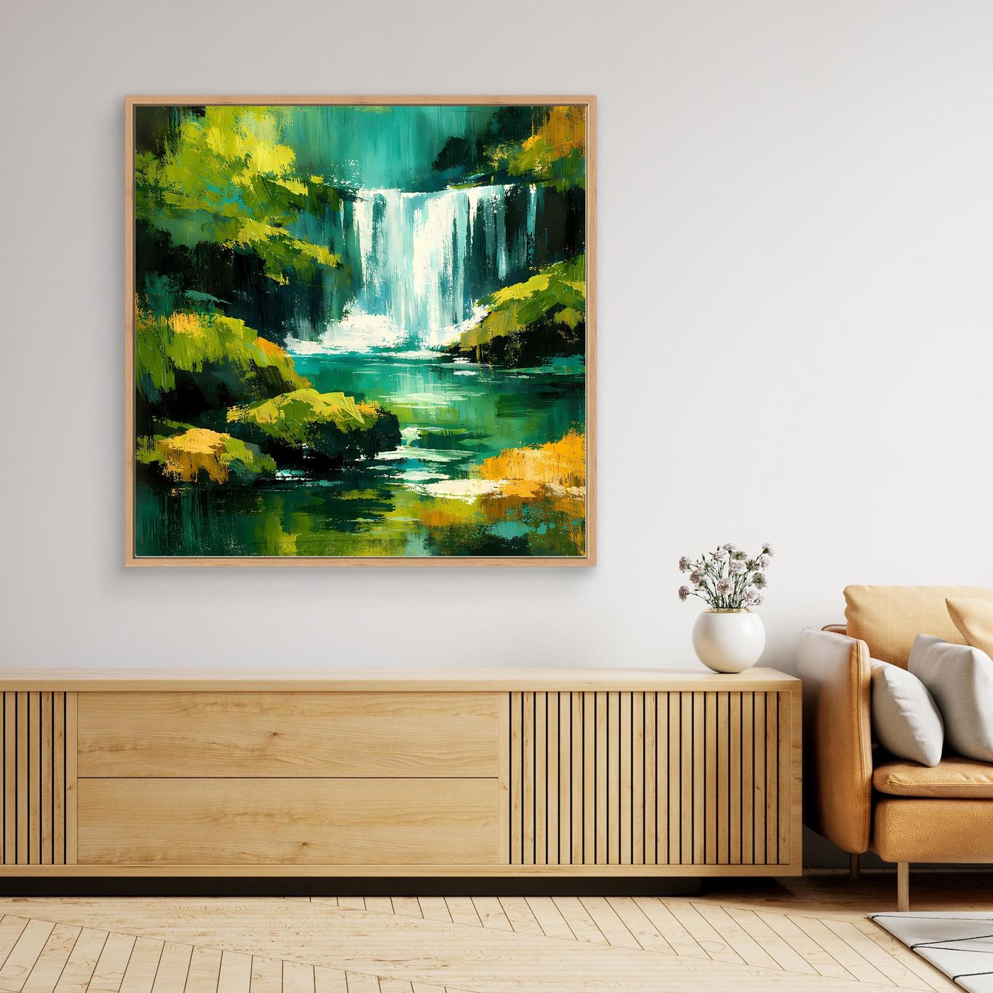 Leinwandbild mit abstraktem Wasserfall im Dschungel, brauner Holzrahmen.