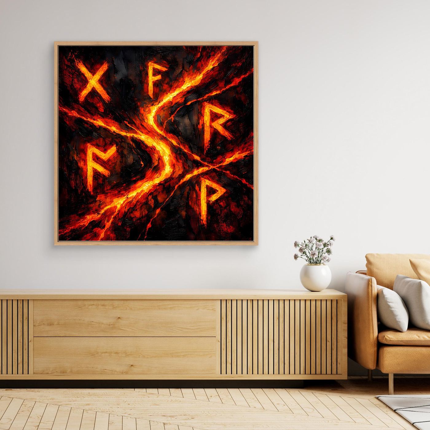 Leinwand-Wandbild mit Runen, Eichenholzrahmen, Lavaflammen in Rot/Orange