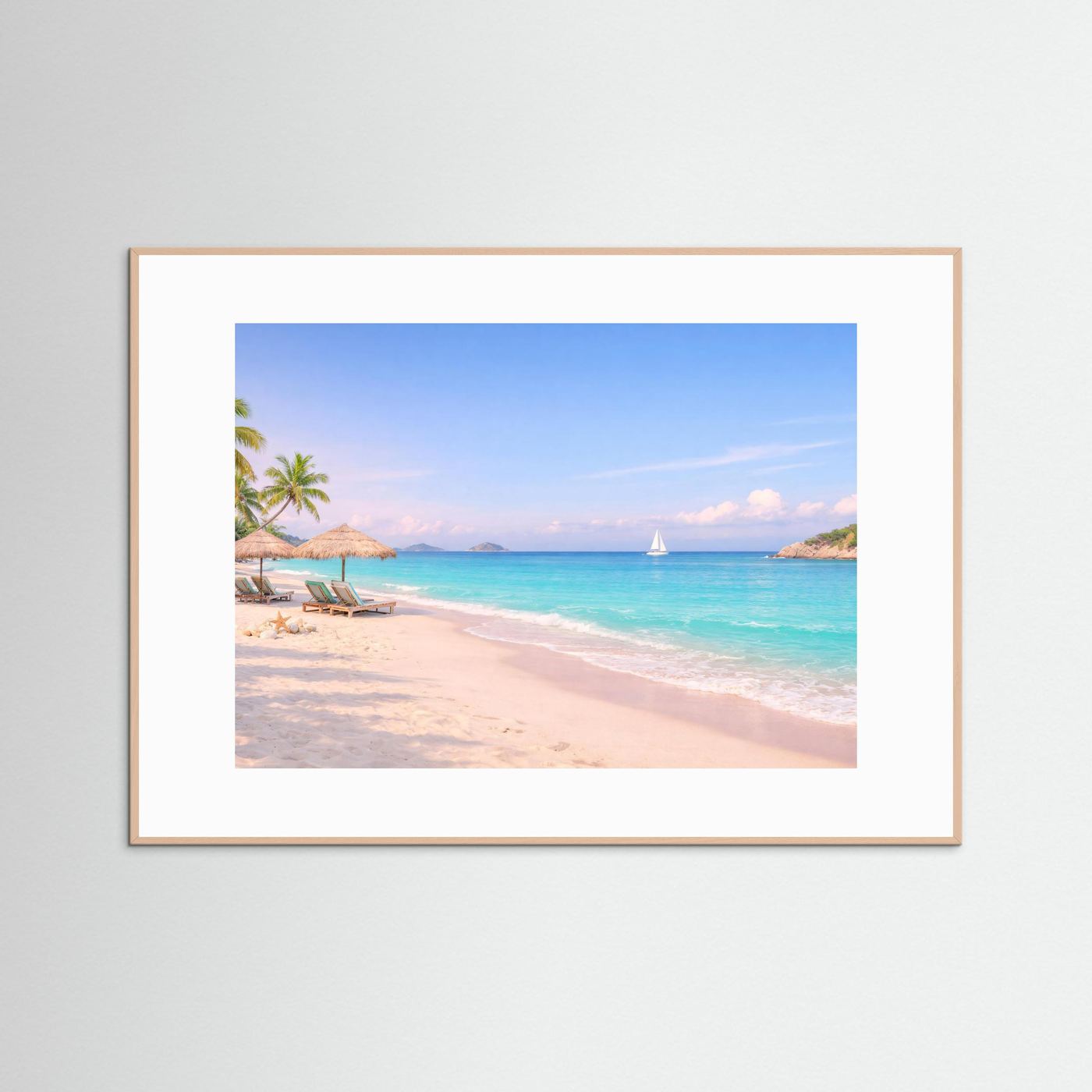 Strand-Poster mit Segelboot und Palmen am Sandstrand im braunen Holzrahmen