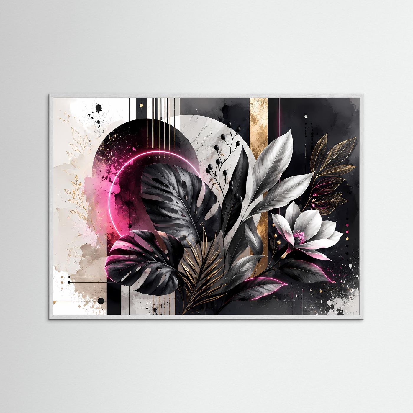Abstrakte Botanik in Schwarz, Weiß & Pink | Monstera mit Neon & Gold – Moderne Wandkunst