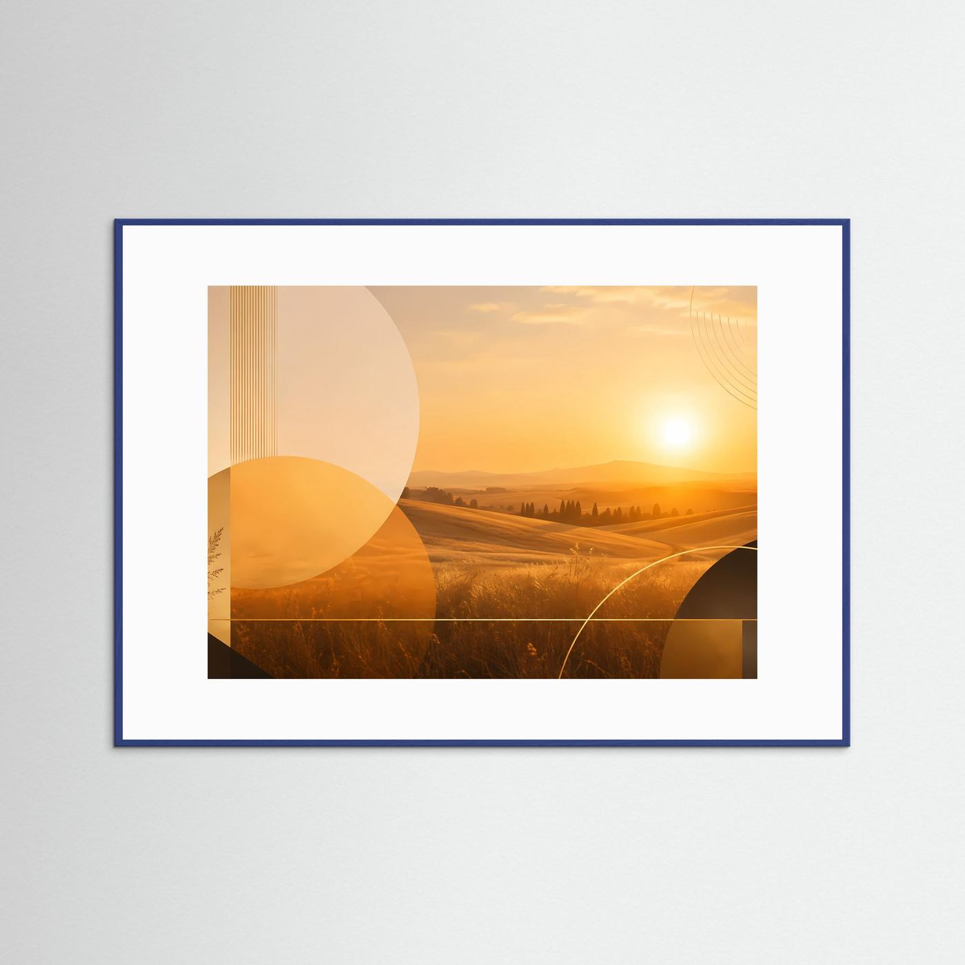 Querformat-Poster mit abstrakter Landschaft in warmen Erdtönen, blaue Holzrahmung