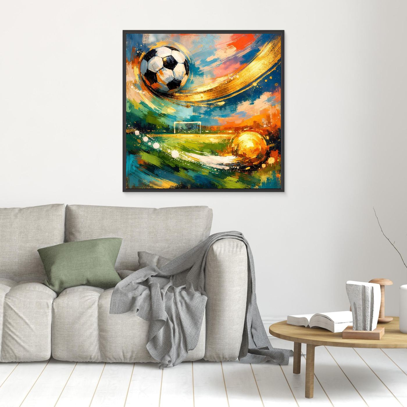 Abstraktes Leinwandbild mit Fußball, goldener Spur und bunten Spritzern, Rahmen in Schwarz