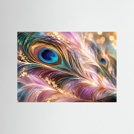 Wandbild mit Pfauenfeder-Motiv, pastellfarben, goldene Akzente