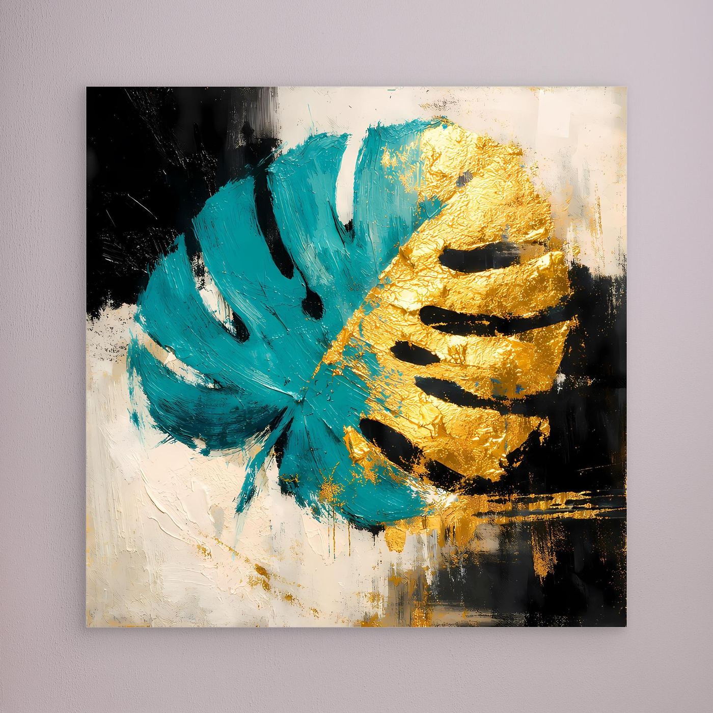 Leinwand Abstraktes Monstera Gemälde in Türkis und Gold | Modernes Botanik Wandbild