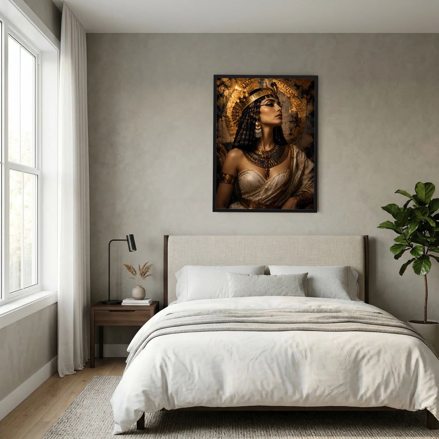 Hochformat-Poster mit Porträt einer ägyptischen Königin in goldfarbenem Look, schwarzer Rahmen