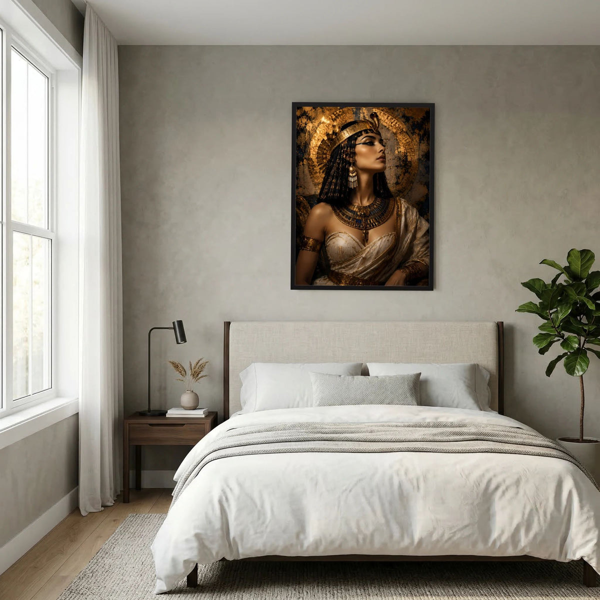 Hochformat-Poster mit Porträt einer ägyptischen Königin in goldfarbenem Look, schwarzer Rahmen