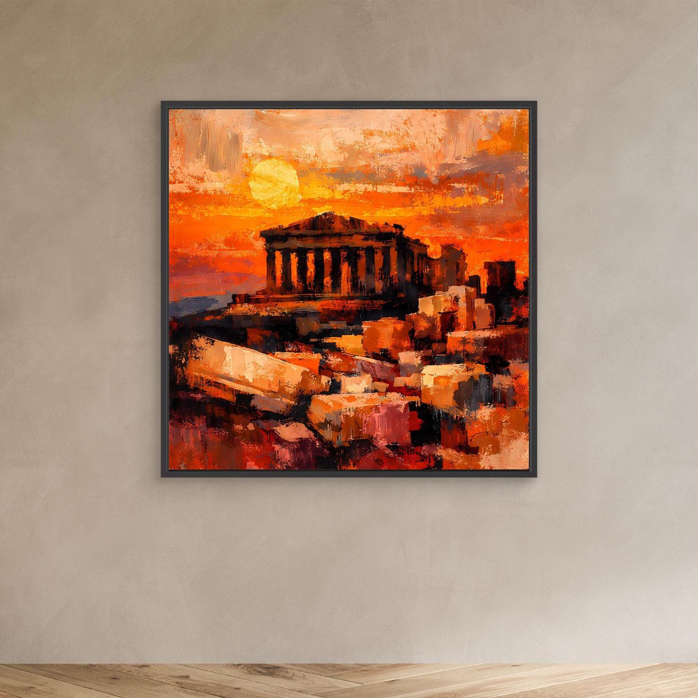 Leinwandbild Akropolis im orangefarbenen Sonnenuntergang, schwarz hinterlegter Rahmen