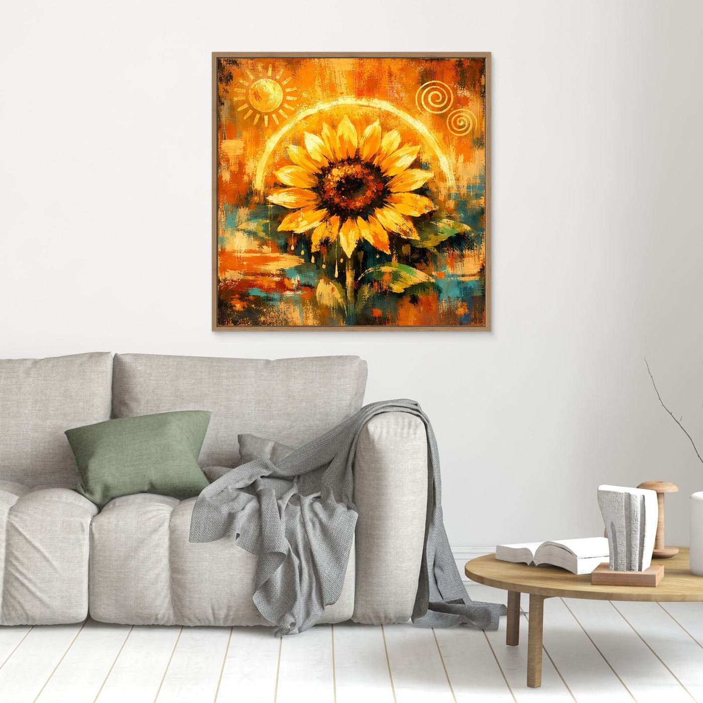 Kleines Wandbild mit abstrakter Sonnenblume in Goldtönen, mit beigem Holzrahmen