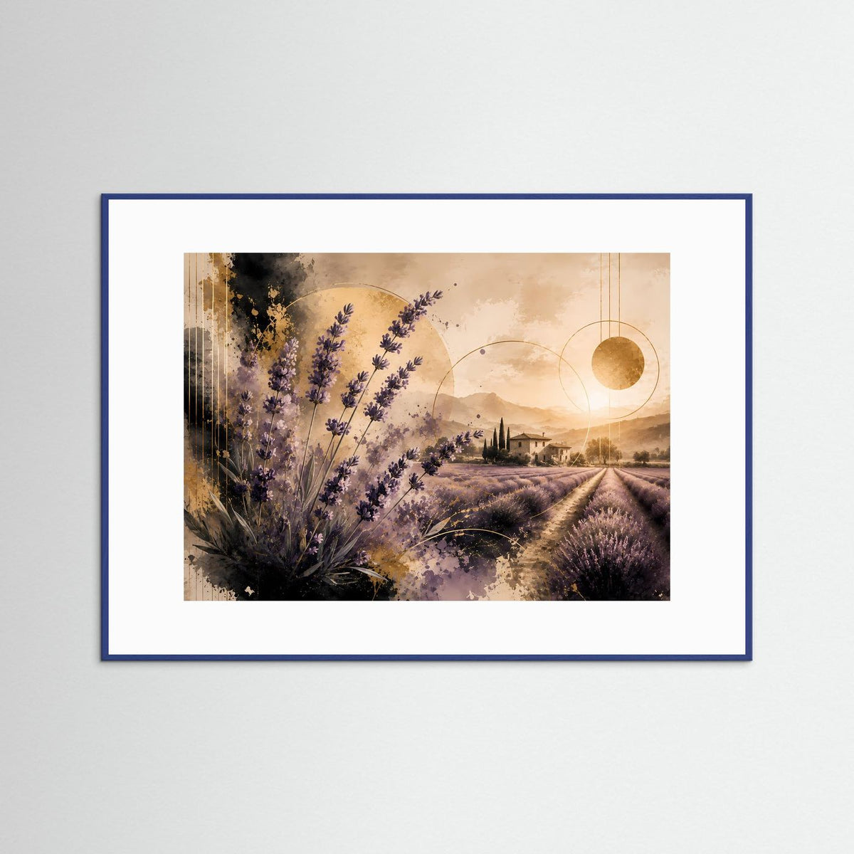 Gerahmtes Querformat-Poster mit Lavendelfeld, violetten Ähren und goldenem Mond im Himmel