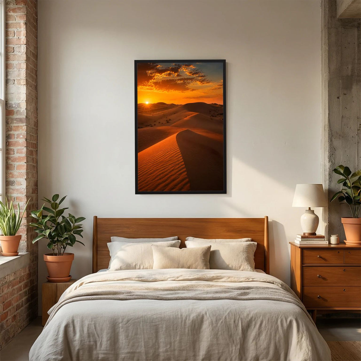 Wandposter im Hochformat mit goldenen Sanddünen und Sonnenuntergang, schwarzer Rahmen