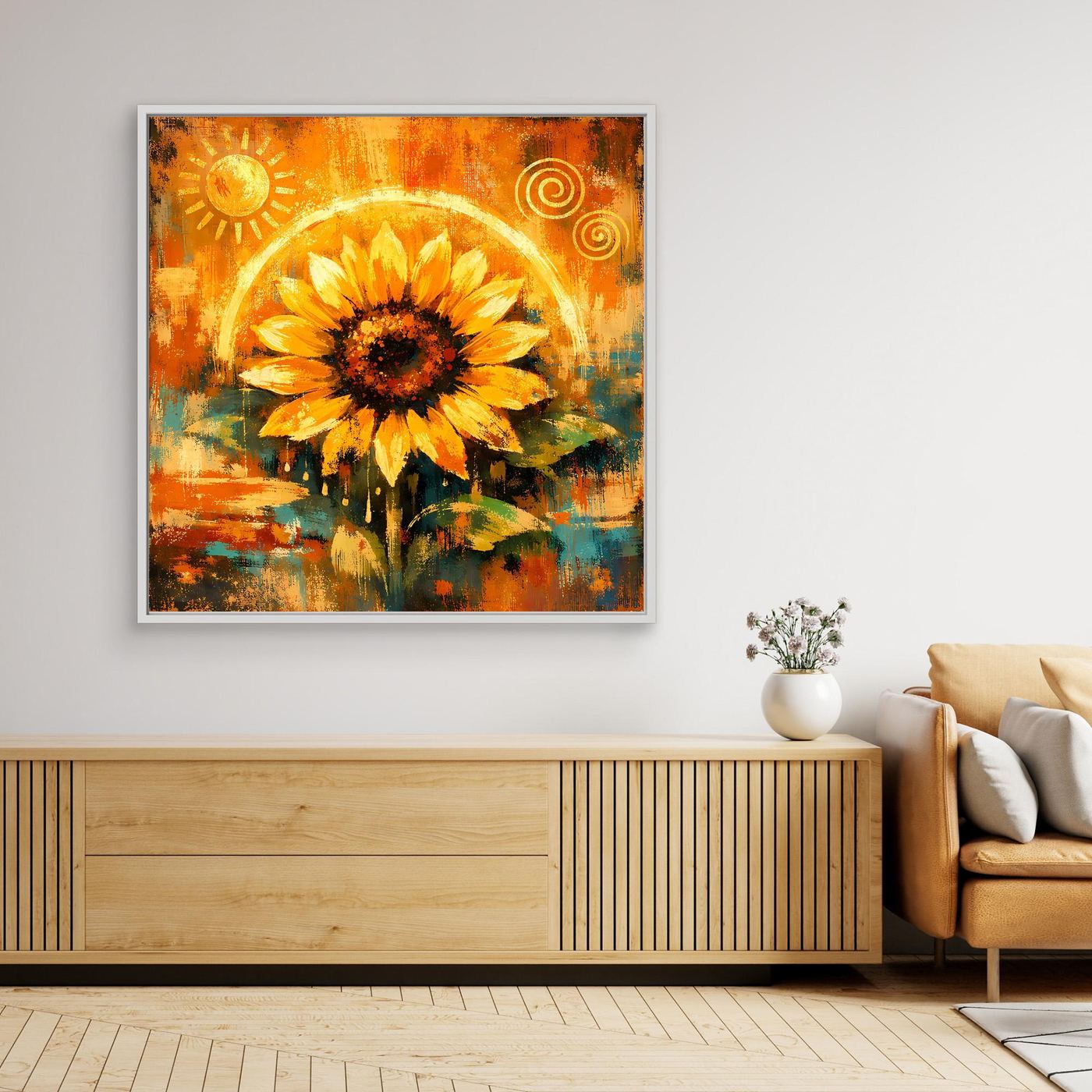 Gerahmtes Leinwandbild, abstrakte goldene Sonnenblume, weißer Rahmen