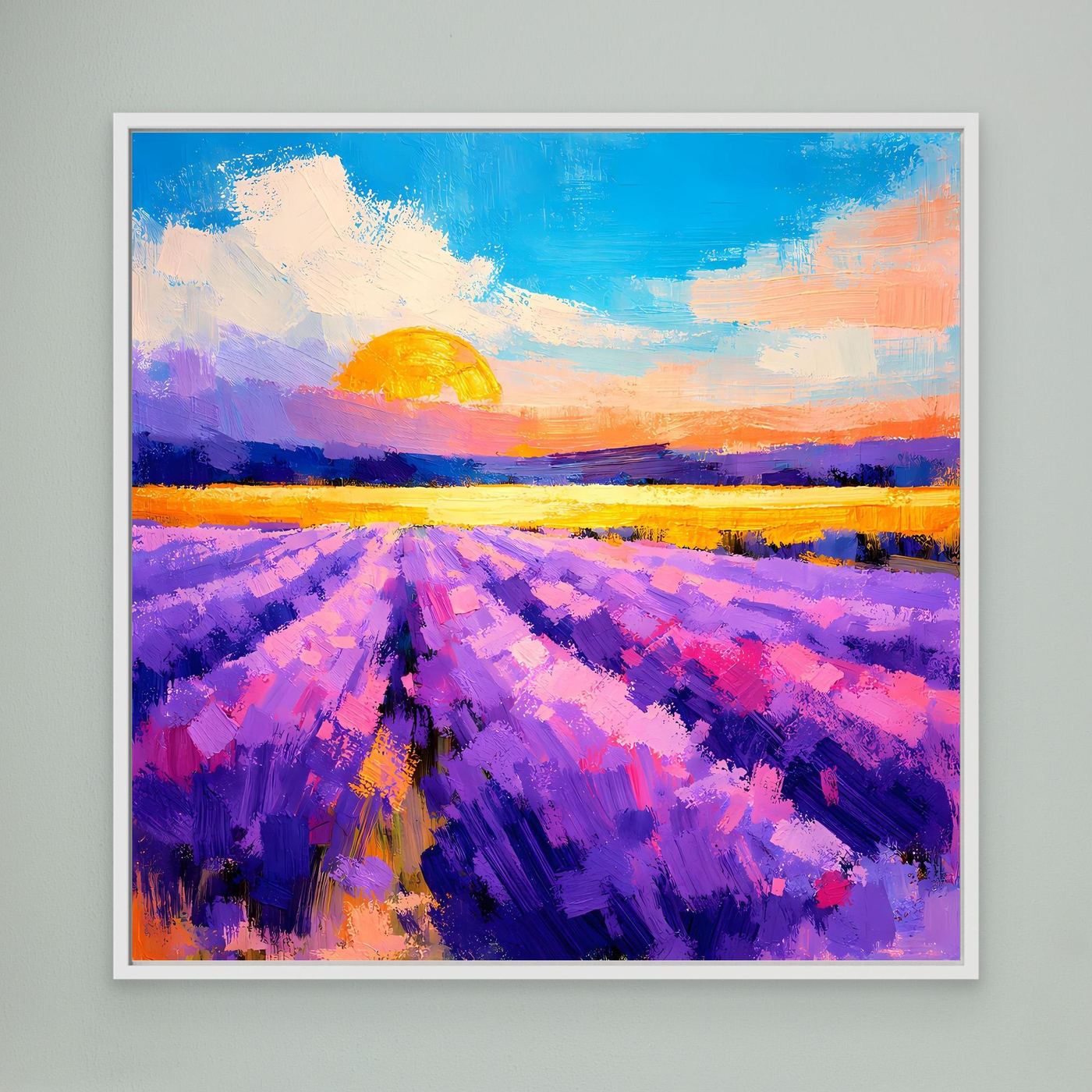 Wandbild auf Leinwand mit violettem Lavendelfeld und orangefarbener Sonne, weiß gerahmt