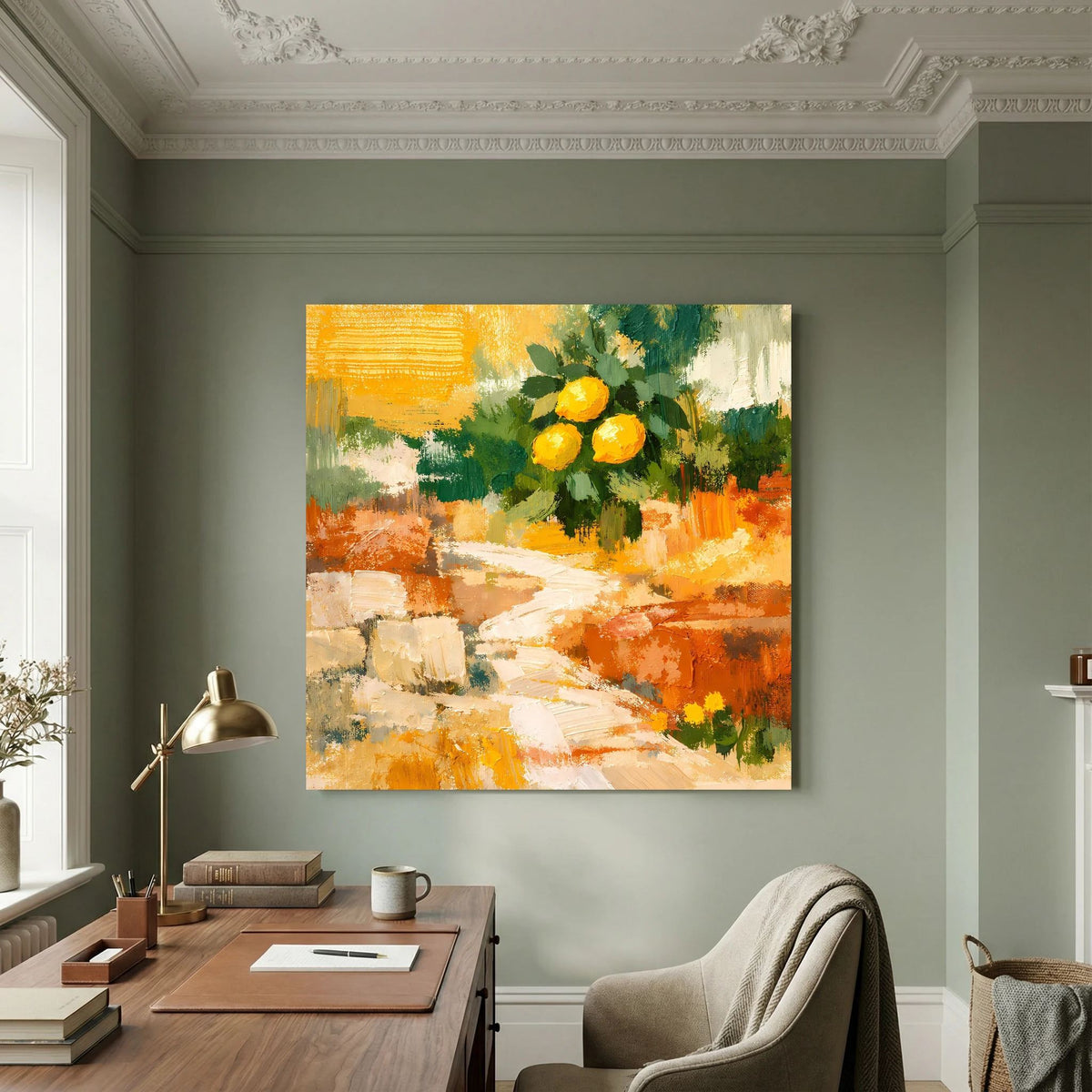 Wandbild mit abstraktem Zitronenzweig, orange- und gelbgrünen Farbtönen auf Leinwand