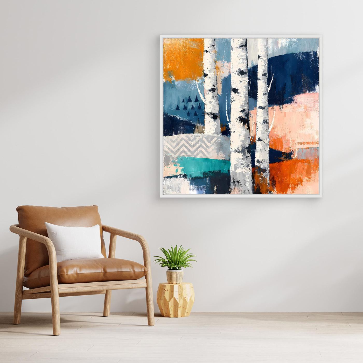 Gerahmtes Wandbild aus Leinwand mit abstraktem Birkenwald, blau, weiß gesprenkelt und orange Akzenten