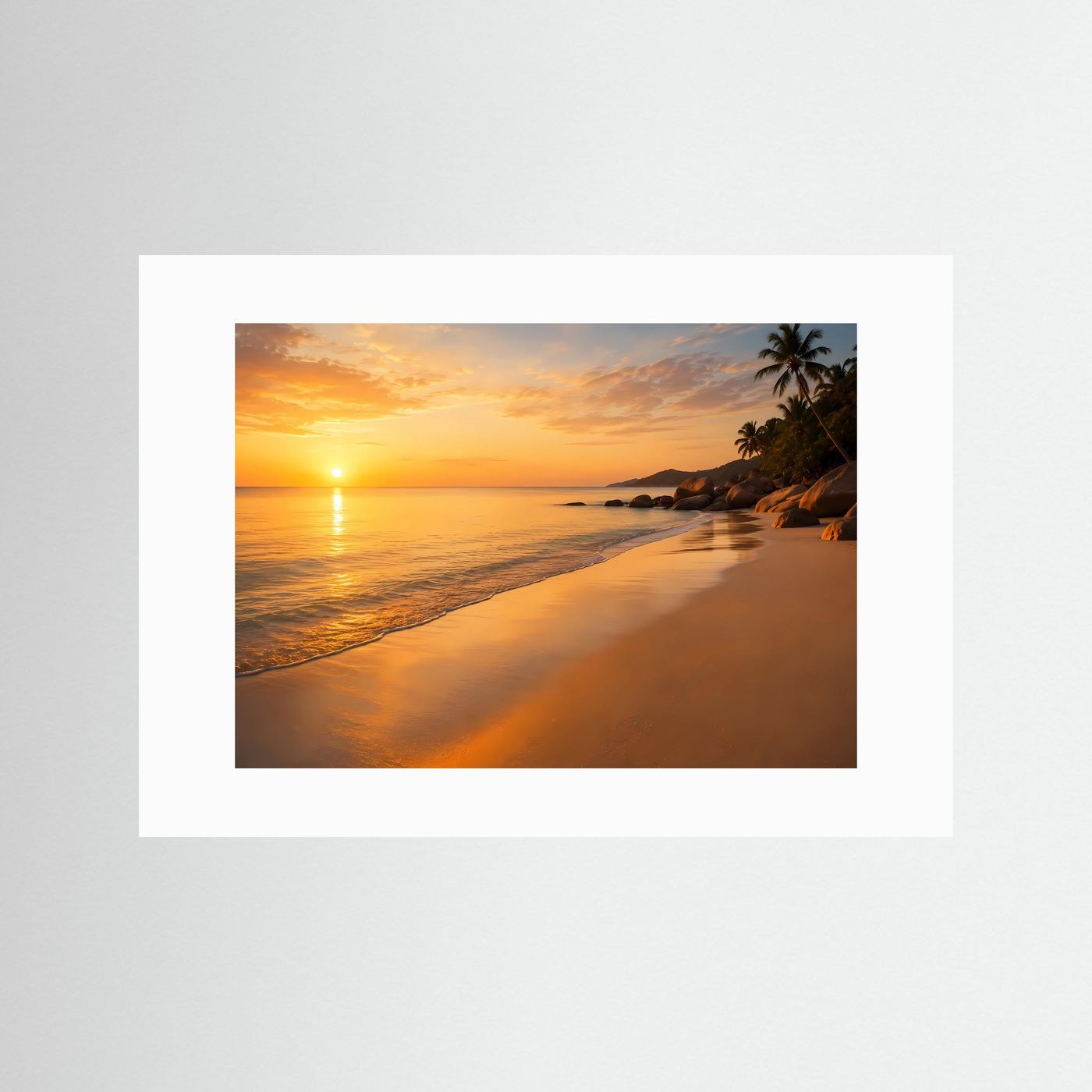 Wandbild mit weißem Passepartout: tropischer Strand bei Sonnenuntergang mit Palmen