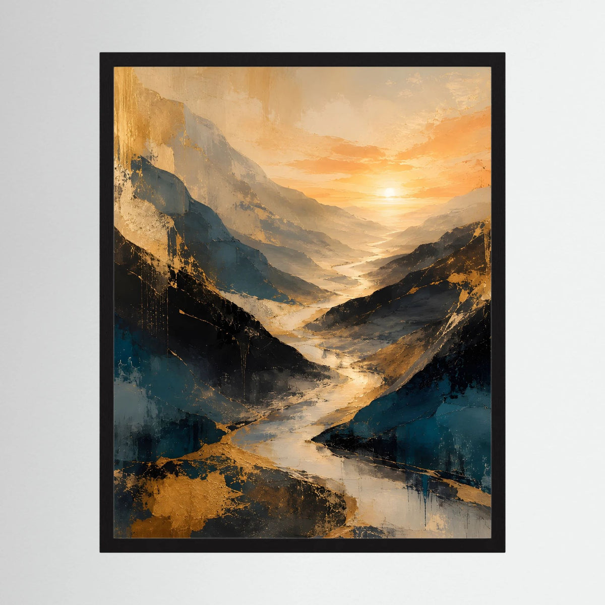 Gerahmtes Kunstposter im Hochformat: abstraktes Bergtal in Blau und Gold