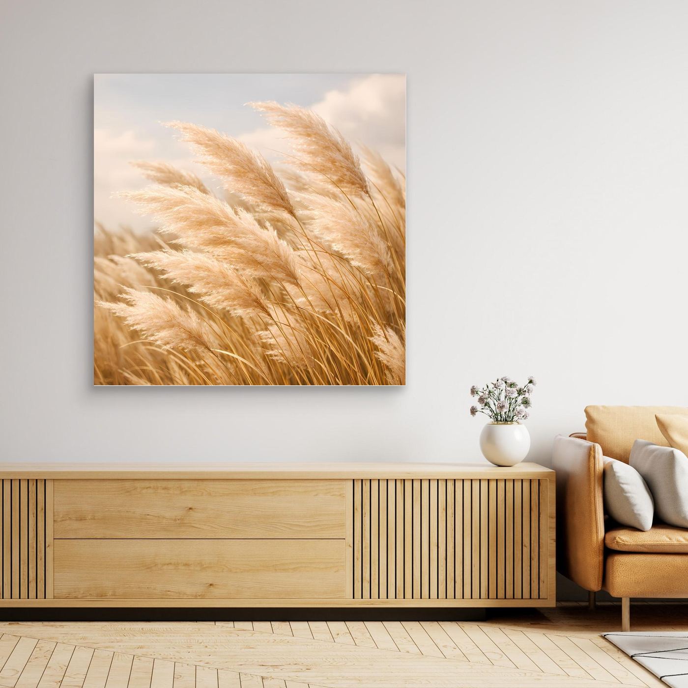 Leinwandbild mit wehenden Pampasgräsern, naturfarben, ohne Rahmen
