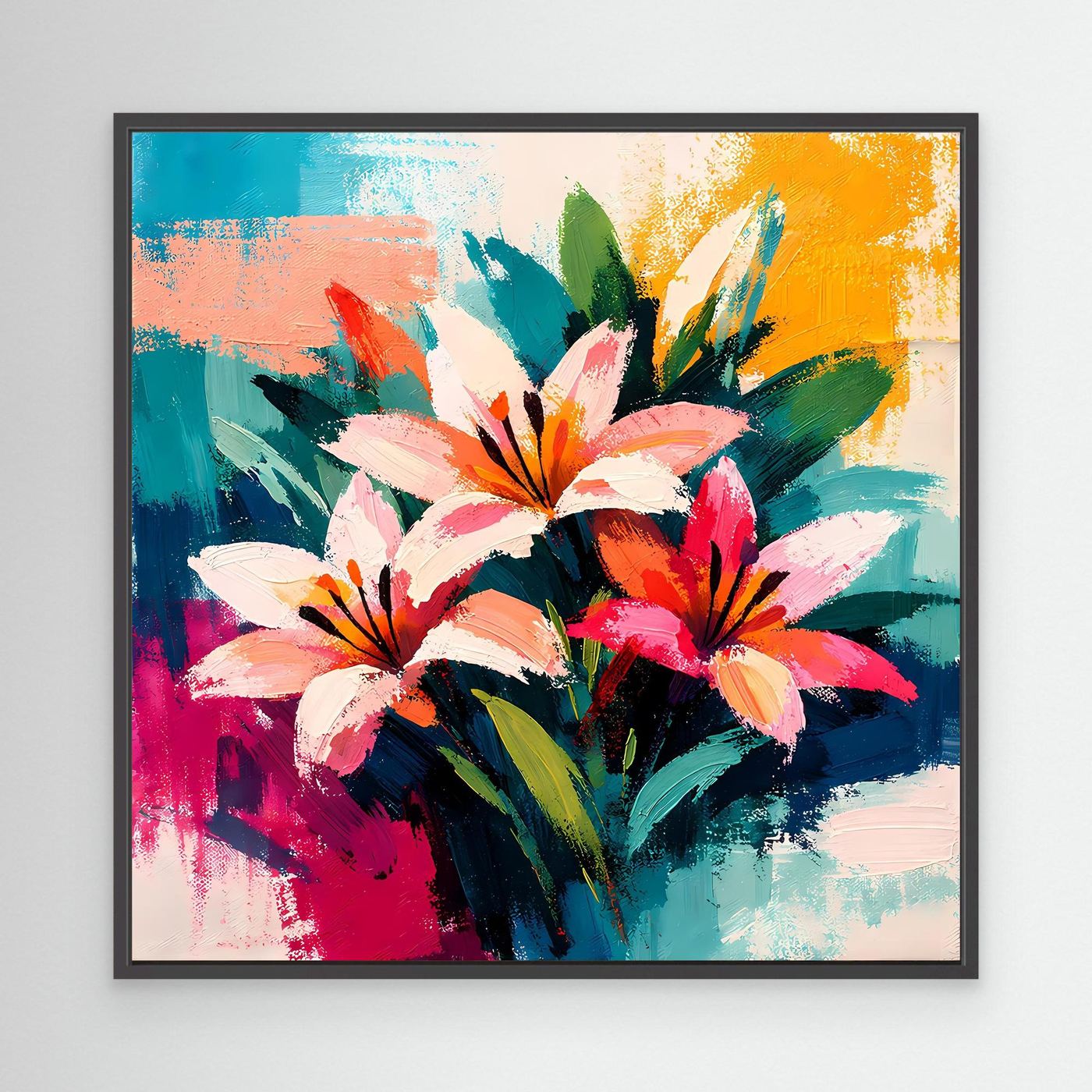 Abstract lily canvas wall art with black frame and colorful brushstroke flowers
