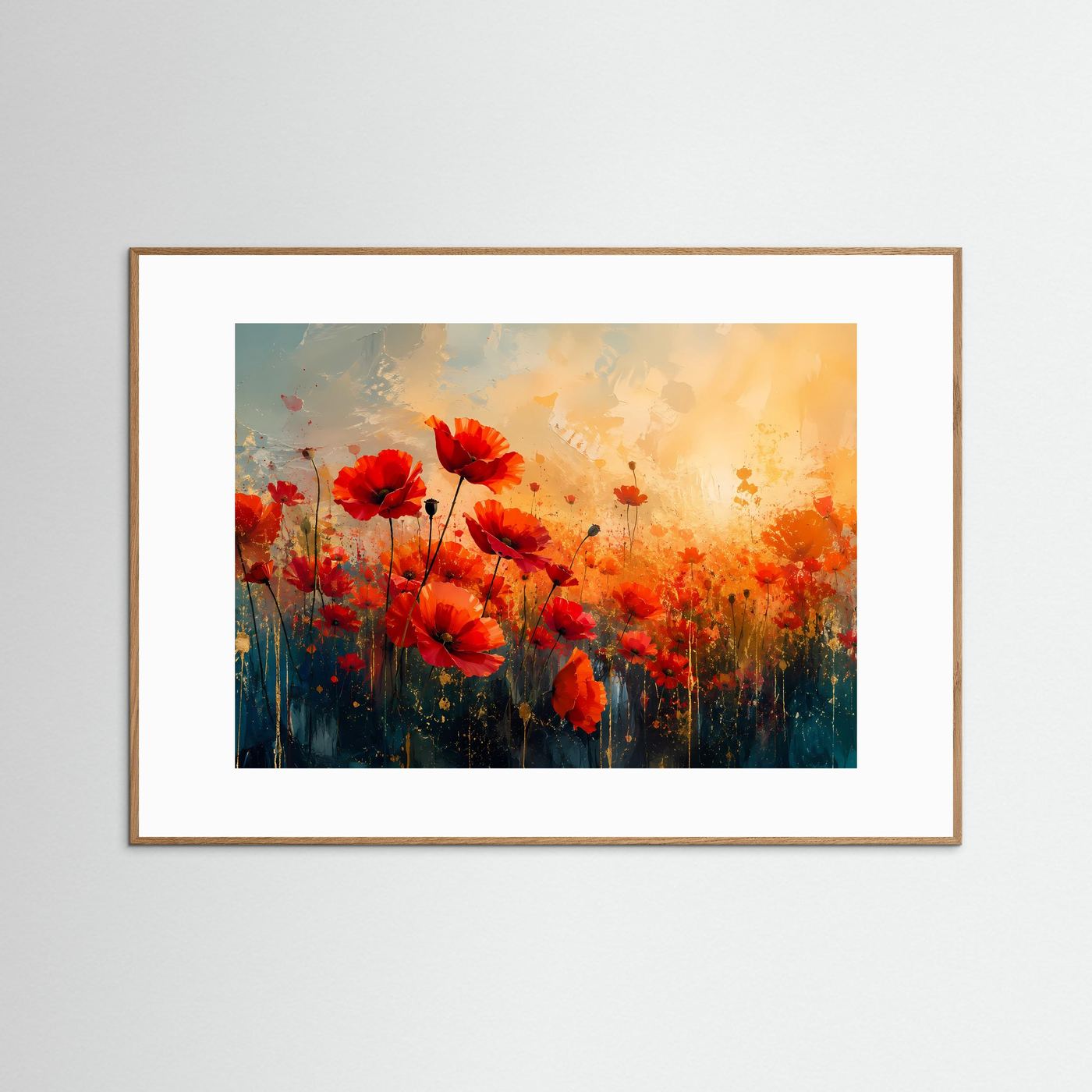 Leuchtendes Mohnblumenfeld Poster | Abstrakte Mohnblumen in Rot Gold Modernes Blumen Wandbild Querformat