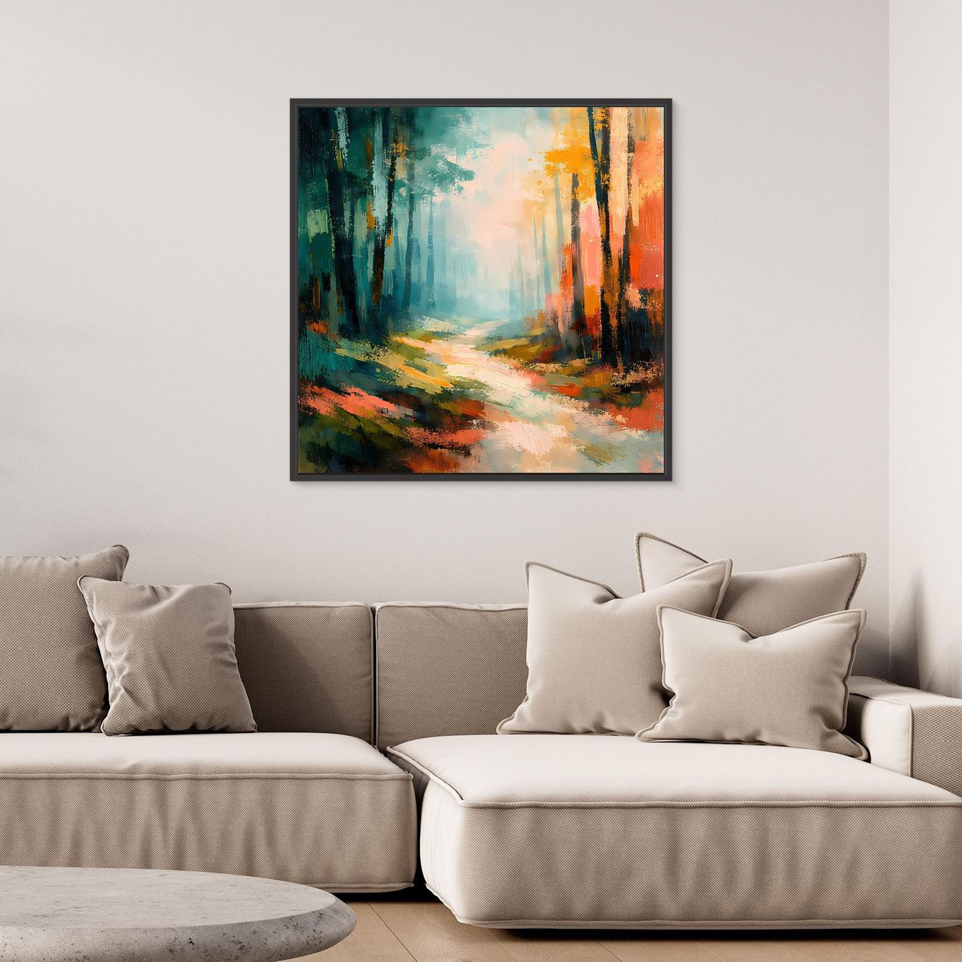 Leinwand-Wandbild mit abstraktem Waldweg im Herbst, mit schwarzem Rahmen