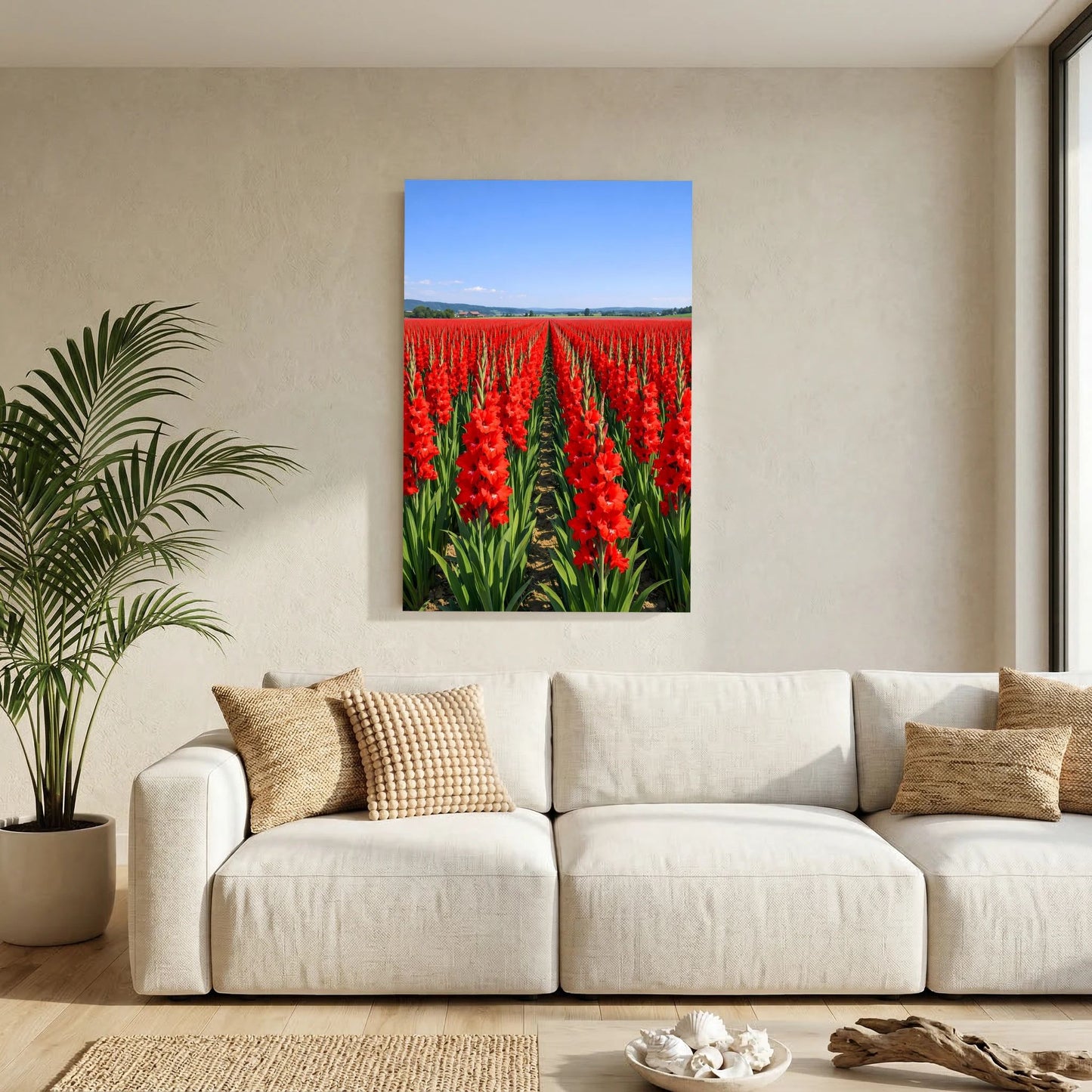 Vertikales Wandbild mit roten Gladiolen in Reihen, grünes Laub und blauer Himmel