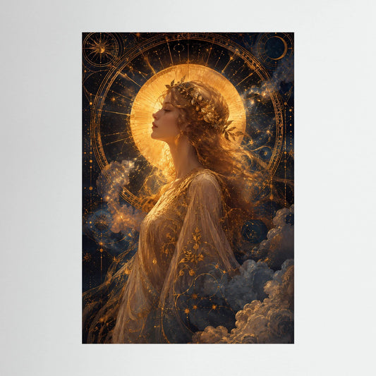 Hochformat-Poster mit goldener Frau im Profil zwischen Sonne, Mond und Sternen