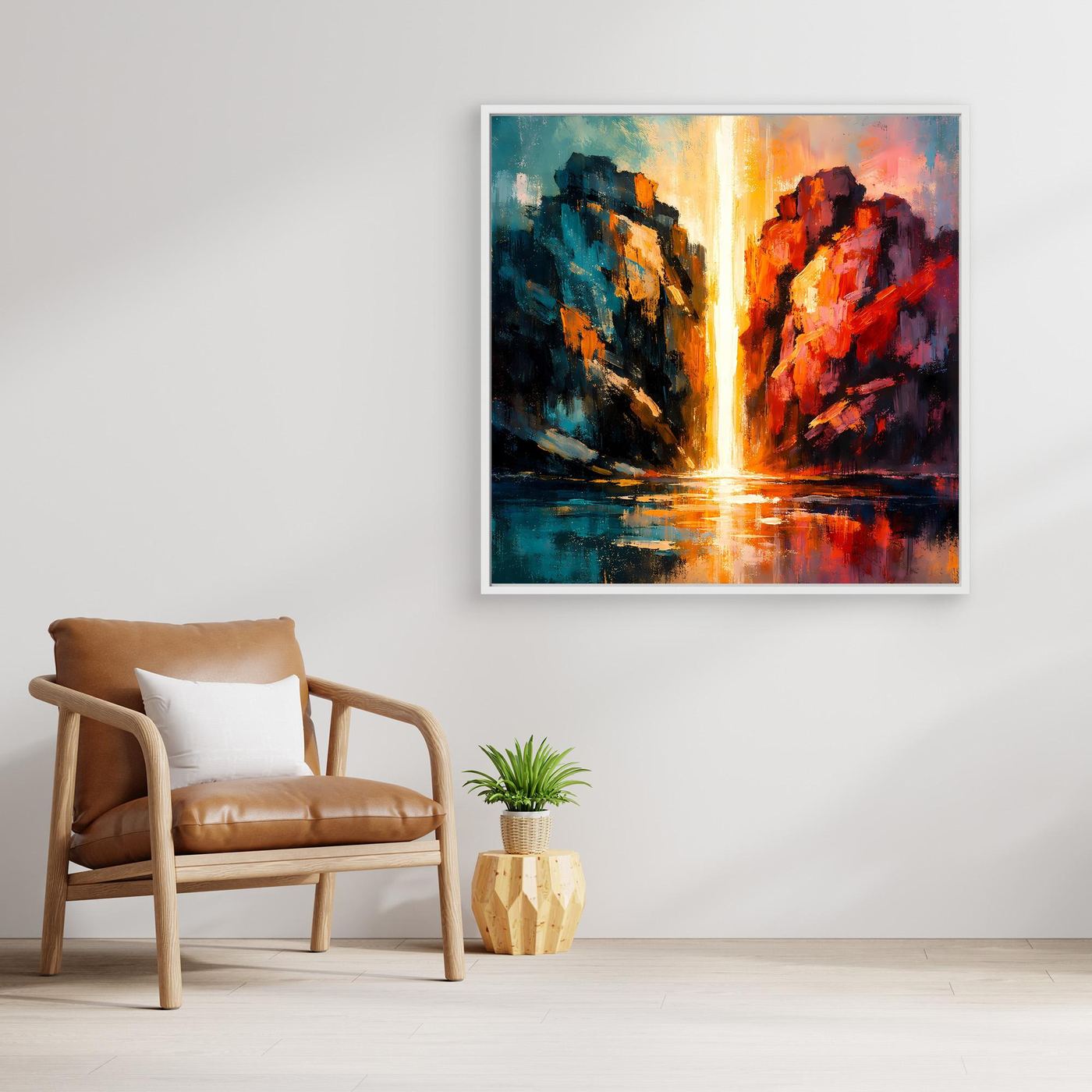 Premium Leinwand Magischer Lichtwasserfall im Canyon | Abstraktes Natur Wandbild farbenfroh